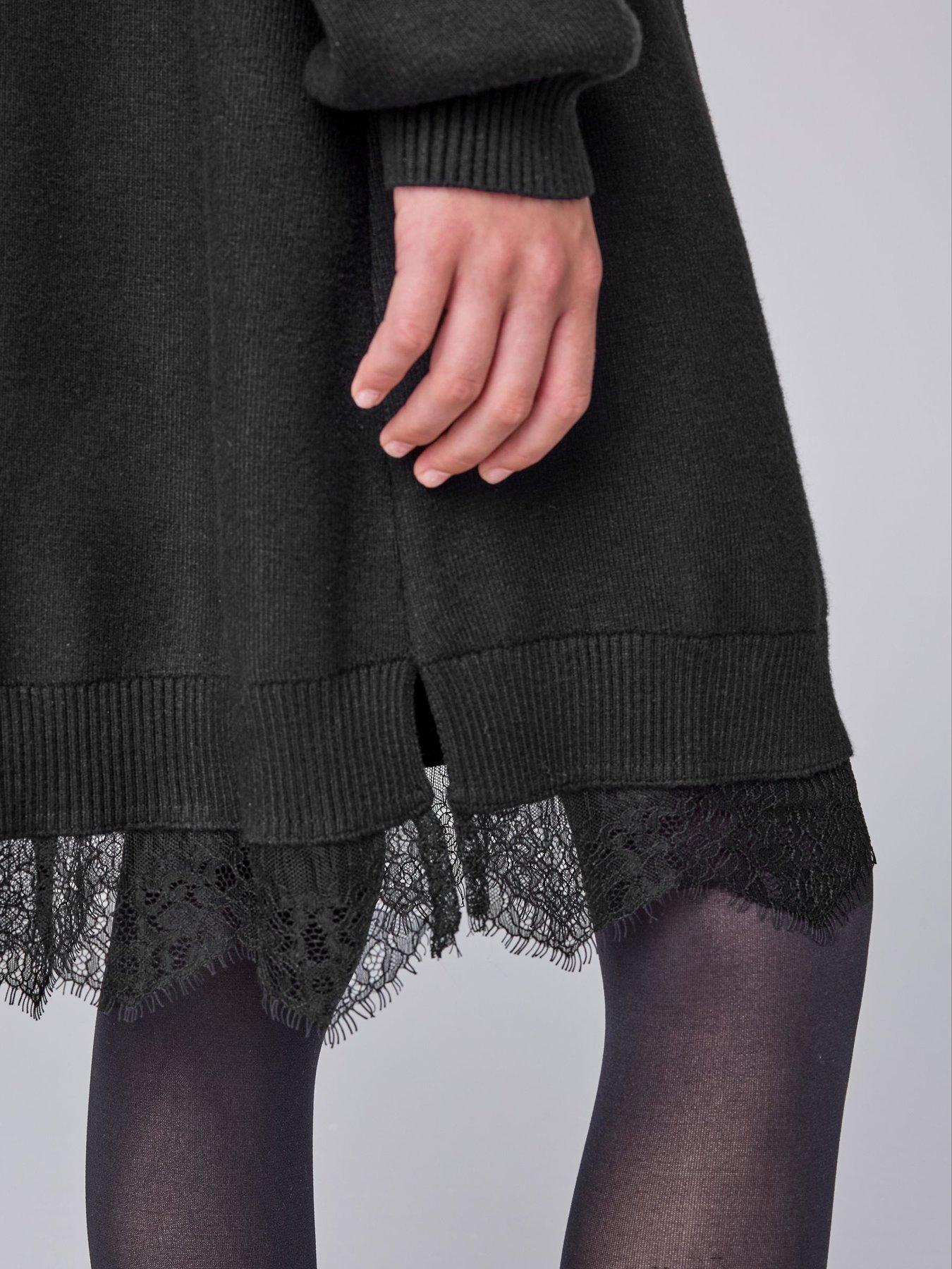 Image 5 of 7 of smALLSAINTS Girls Lee Lace Hem Logo Knitted Dress - Black