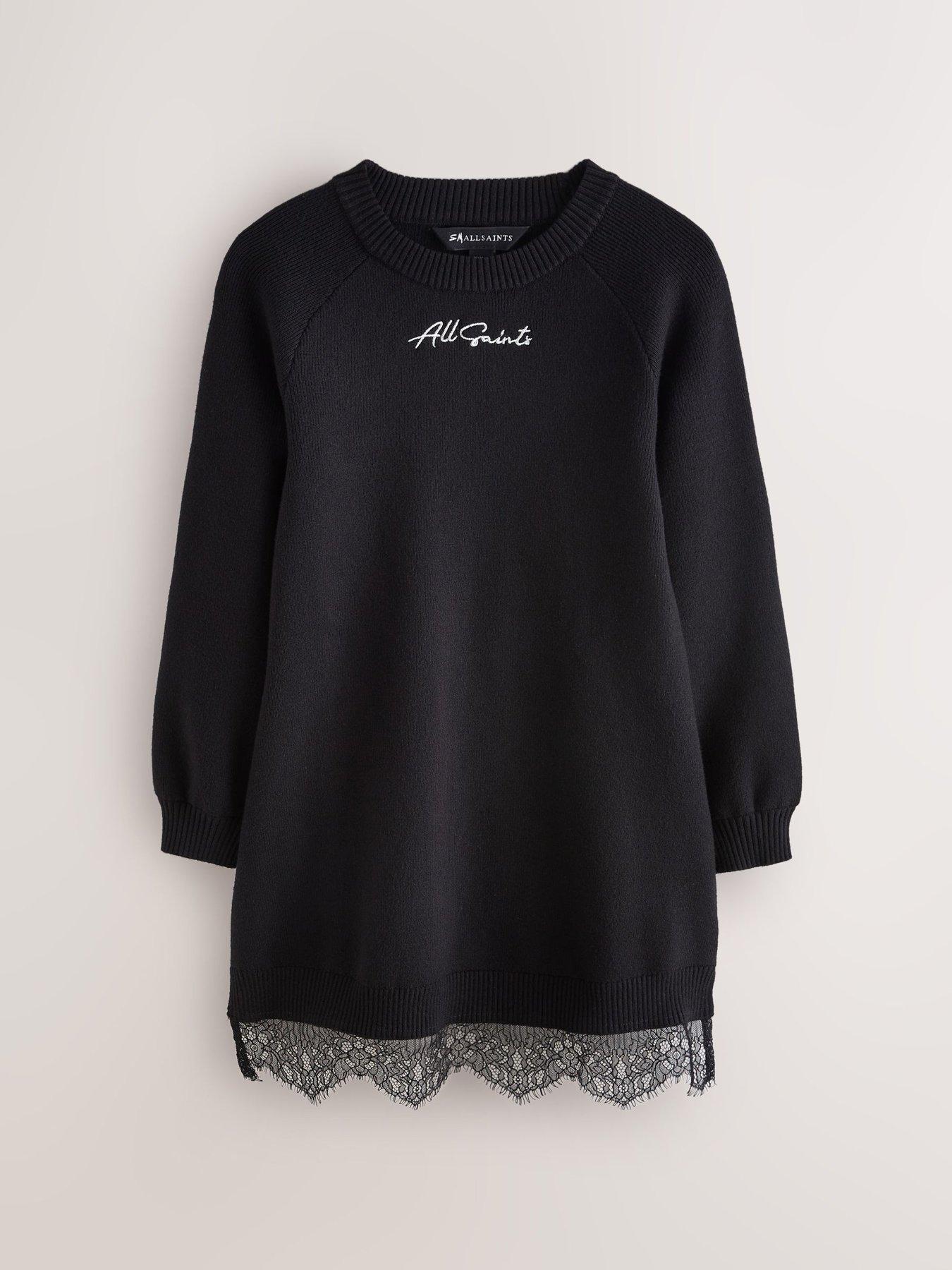 Image 6 of 7 of smALLSAINTS Girls Lee Lace Hem Logo Knitted Dress - Black