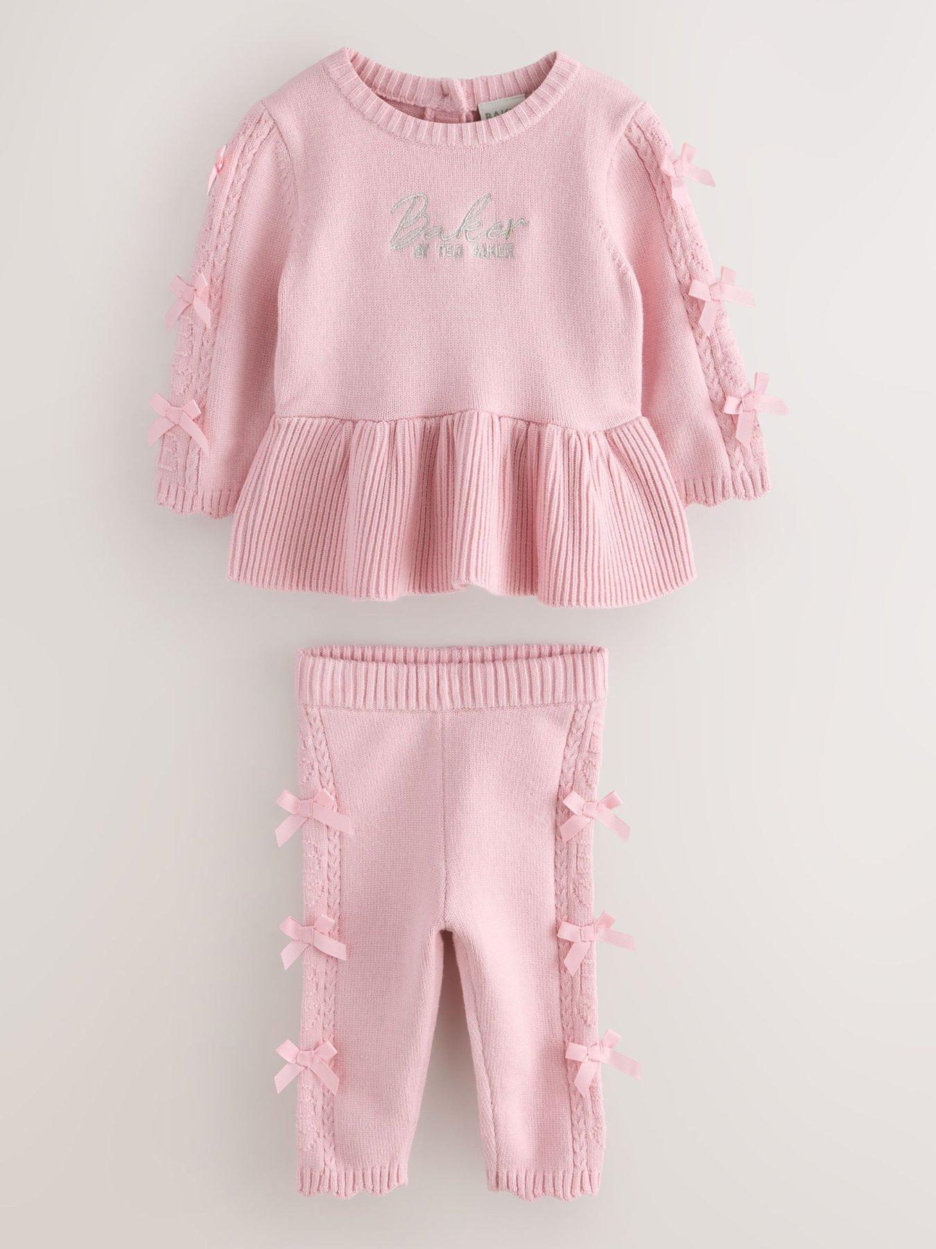 Ted Baker Baby Girls Knitted Peplum Bow Detail Set, Pink, Size 3-6 Months