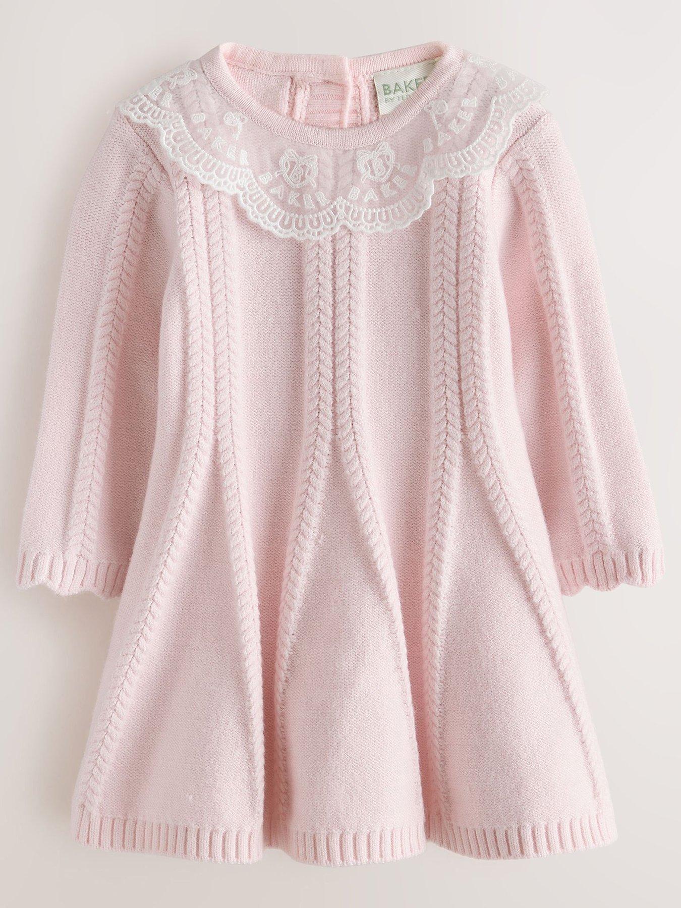 Image 1 of 6 of Ted Baker Baby Girls Organza Collar Knitted Dress With Tights - Light Pink