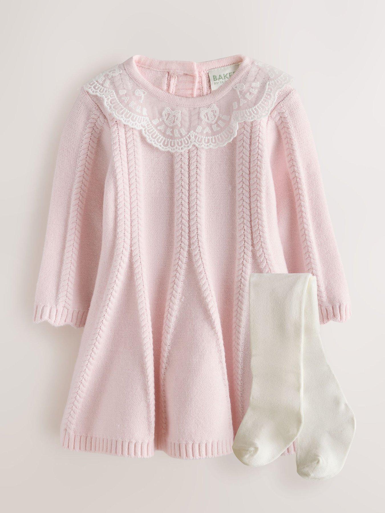 Image 6 of 6 of Ted Baker Baby Girls Organza Collar Knitted Dress With Tights - Light Pink