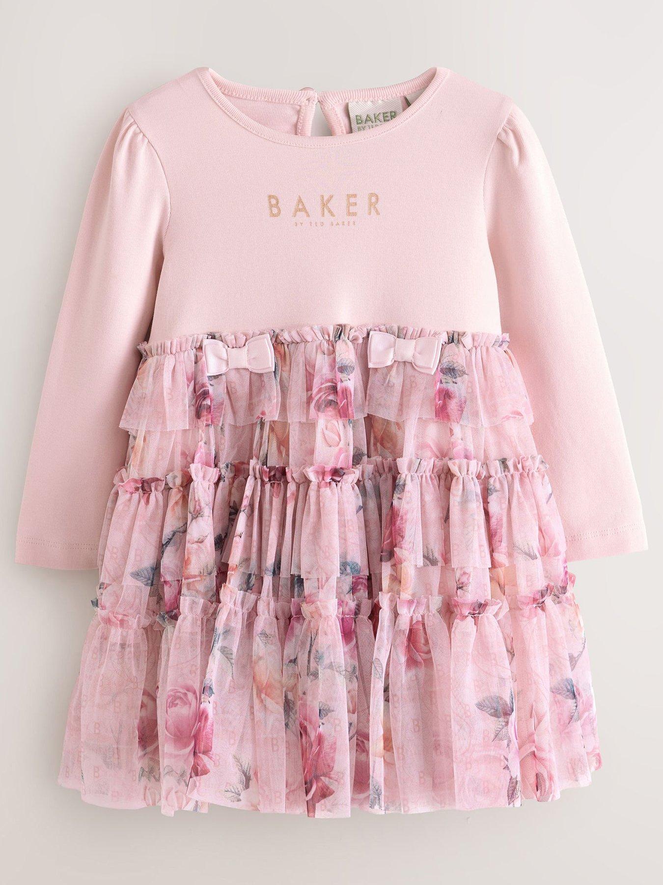 Image 1 of 6 of Ted Baker Younger Girls Floral Tiered Mesh Mockable Dress - Pink