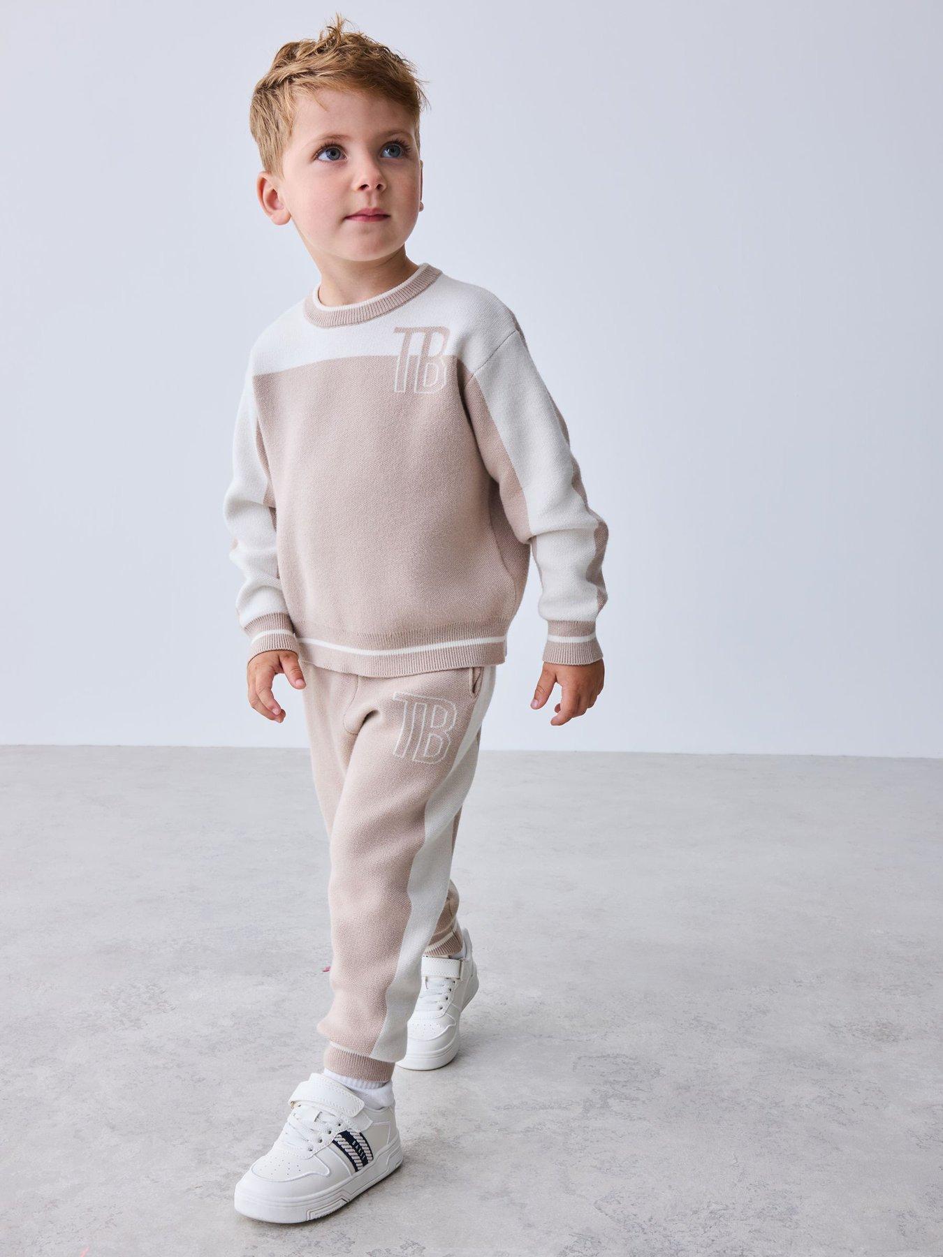Image 1 of 7 of Ted Baker Boys Colourblock Knitted Sweat Top &amp; Joggers Set - Beige