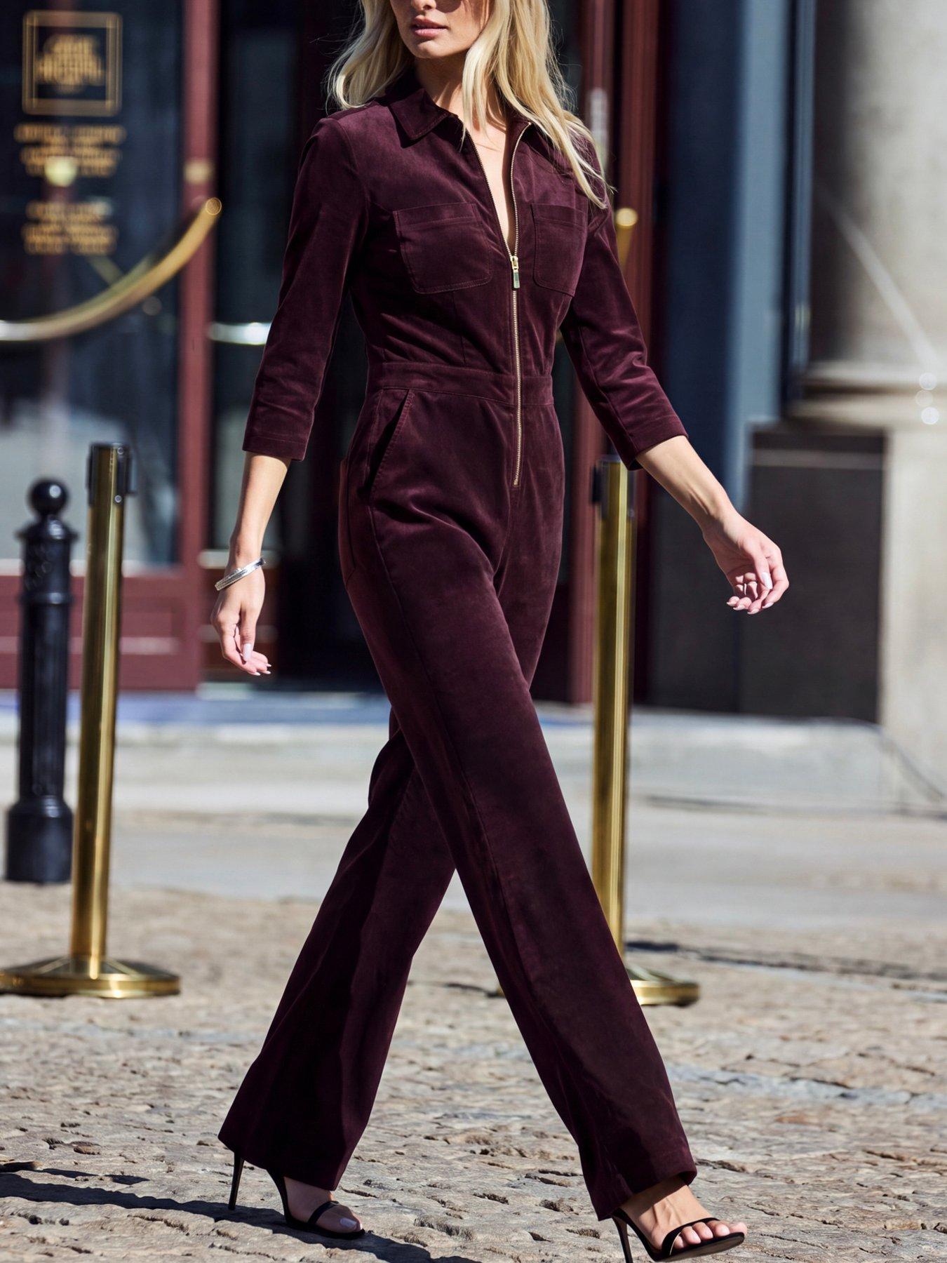 Image 1 of 5 of Sosandar Womens Zip Front Gold Detail Jumpsuit - Burgundy