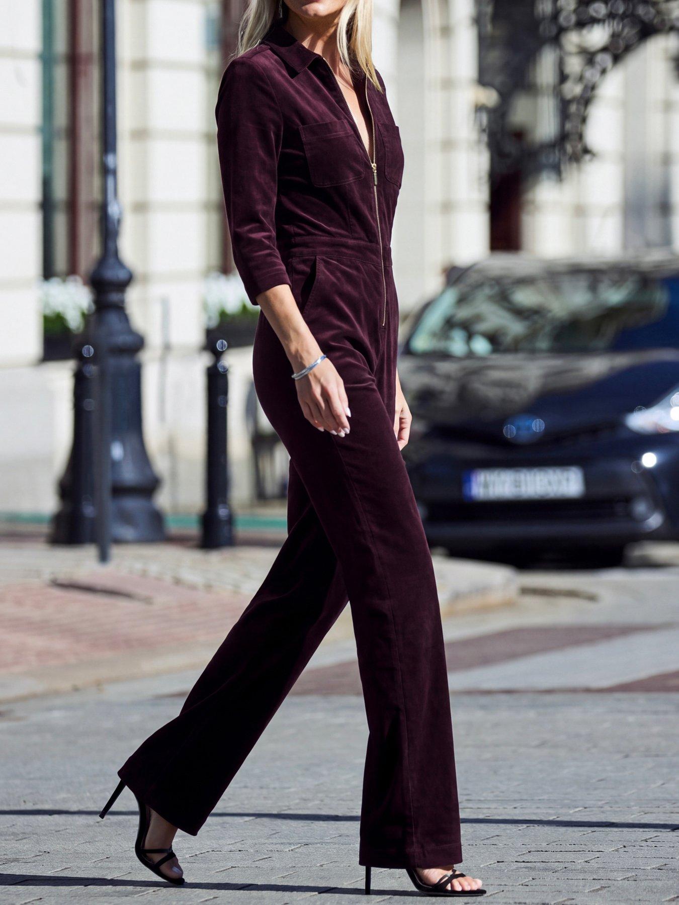 Image 3 of 5 of Sosandar Womens Zip Front Gold Detail Jumpsuit - Burgundy