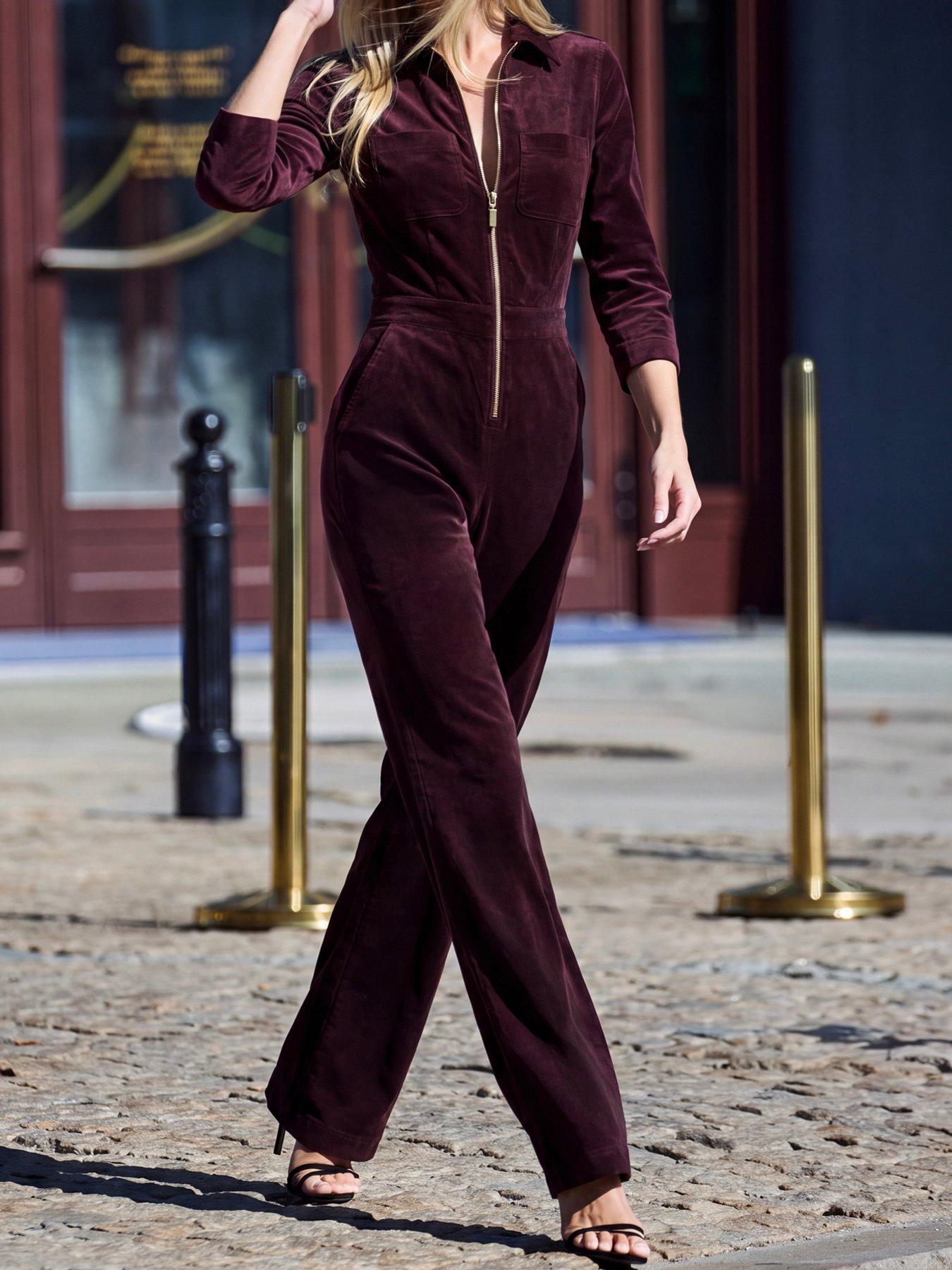 Image 4 of 5 of Sosandar Womens Zip Front Gold Detail Jumpsuit - Burgundy