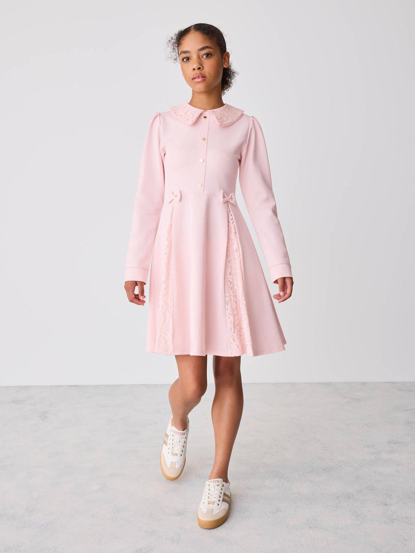 Image 1 of 7 of Ted Baker Girls Lace Collar Pleated Ponte Dress - Pink