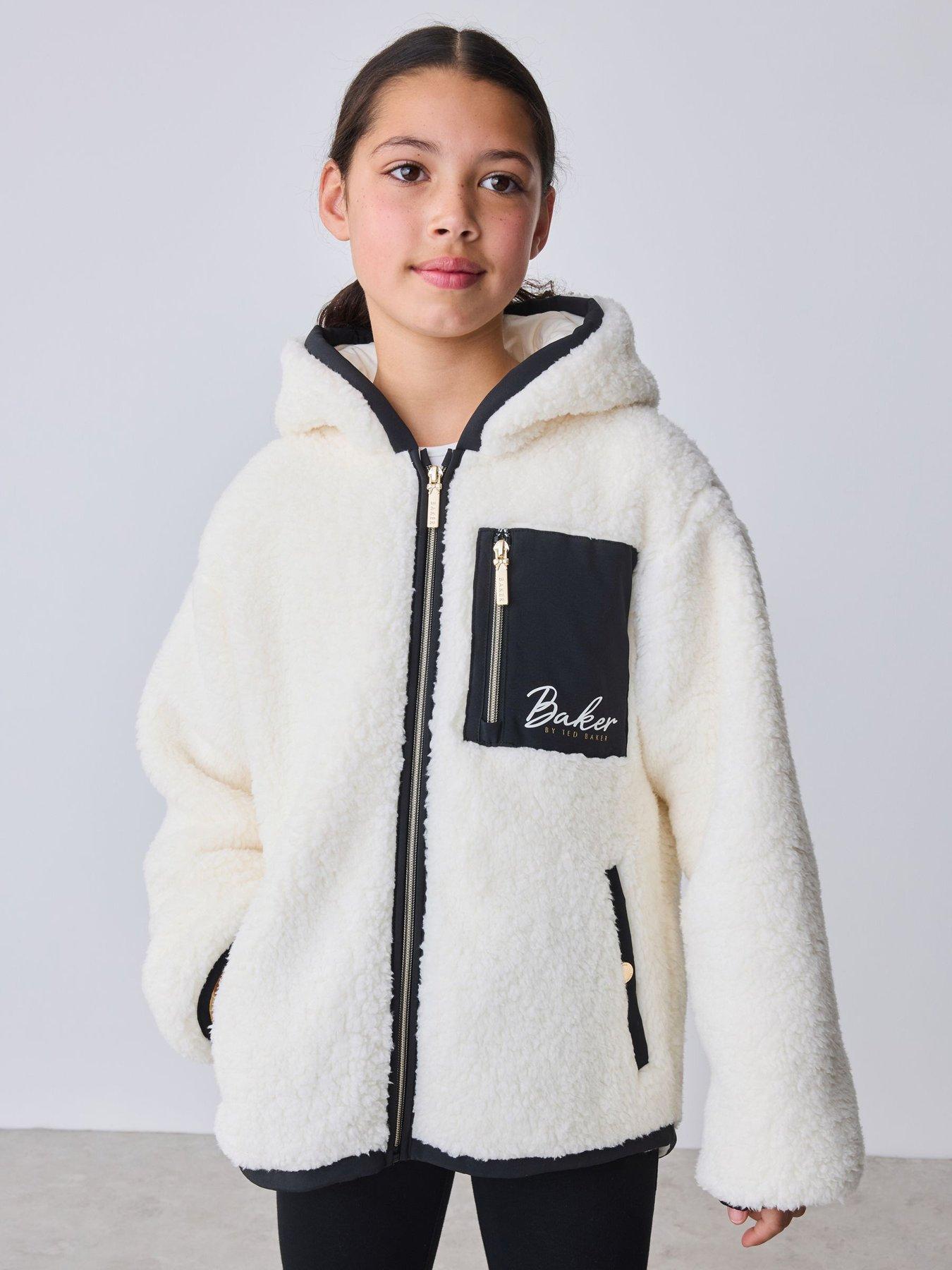 Image 1 of 7 of Ted Baker Girls Oversized Borg Fleece Hooded Jacket - Off White