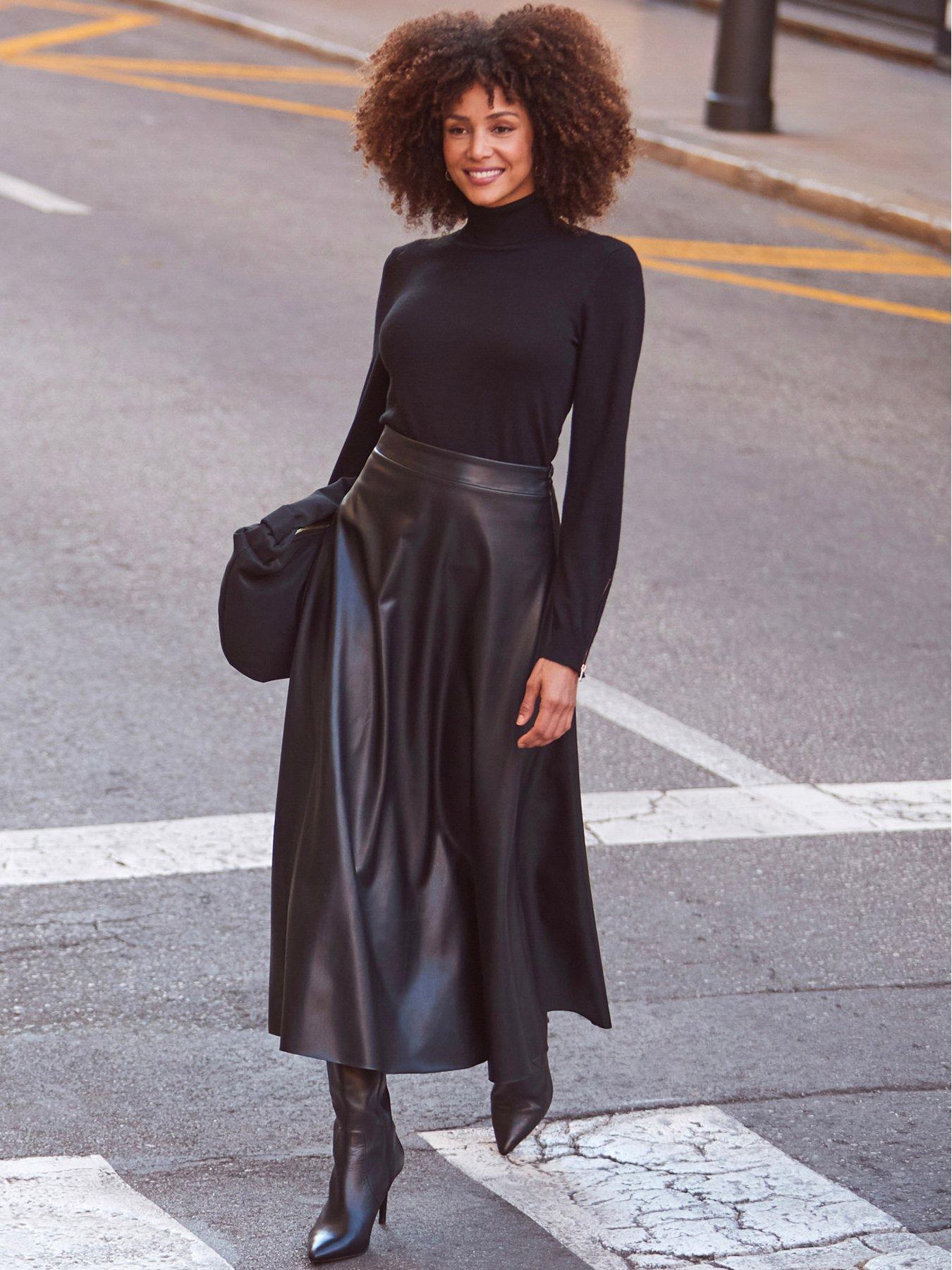 Image 1 of 5 of Sosandar Womens Faux Leather Flared Midaxi Skirt - Black
