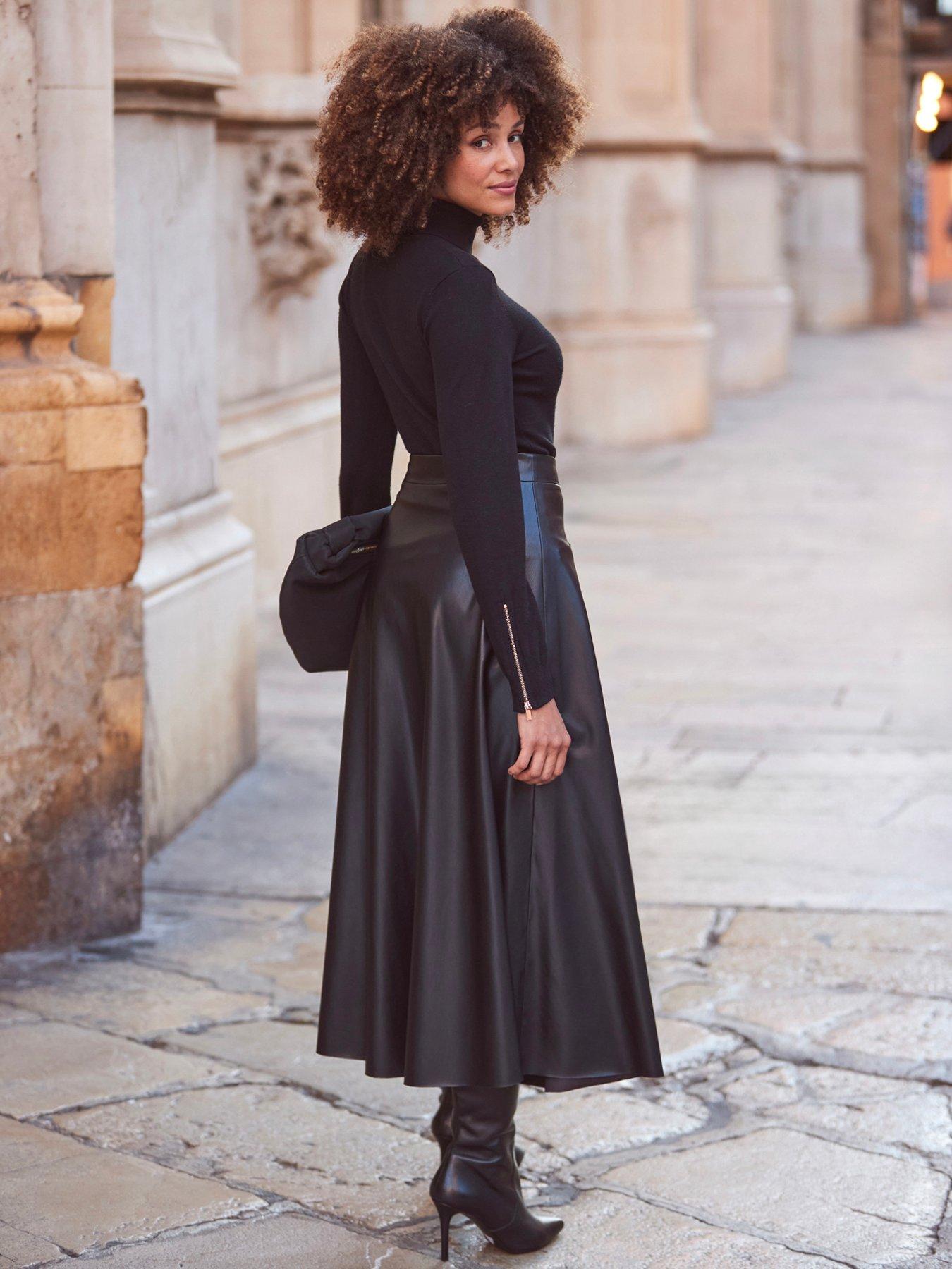 Image 2 of 5 of Sosandar Womens Faux Leather Flared Midaxi Skirt - Black