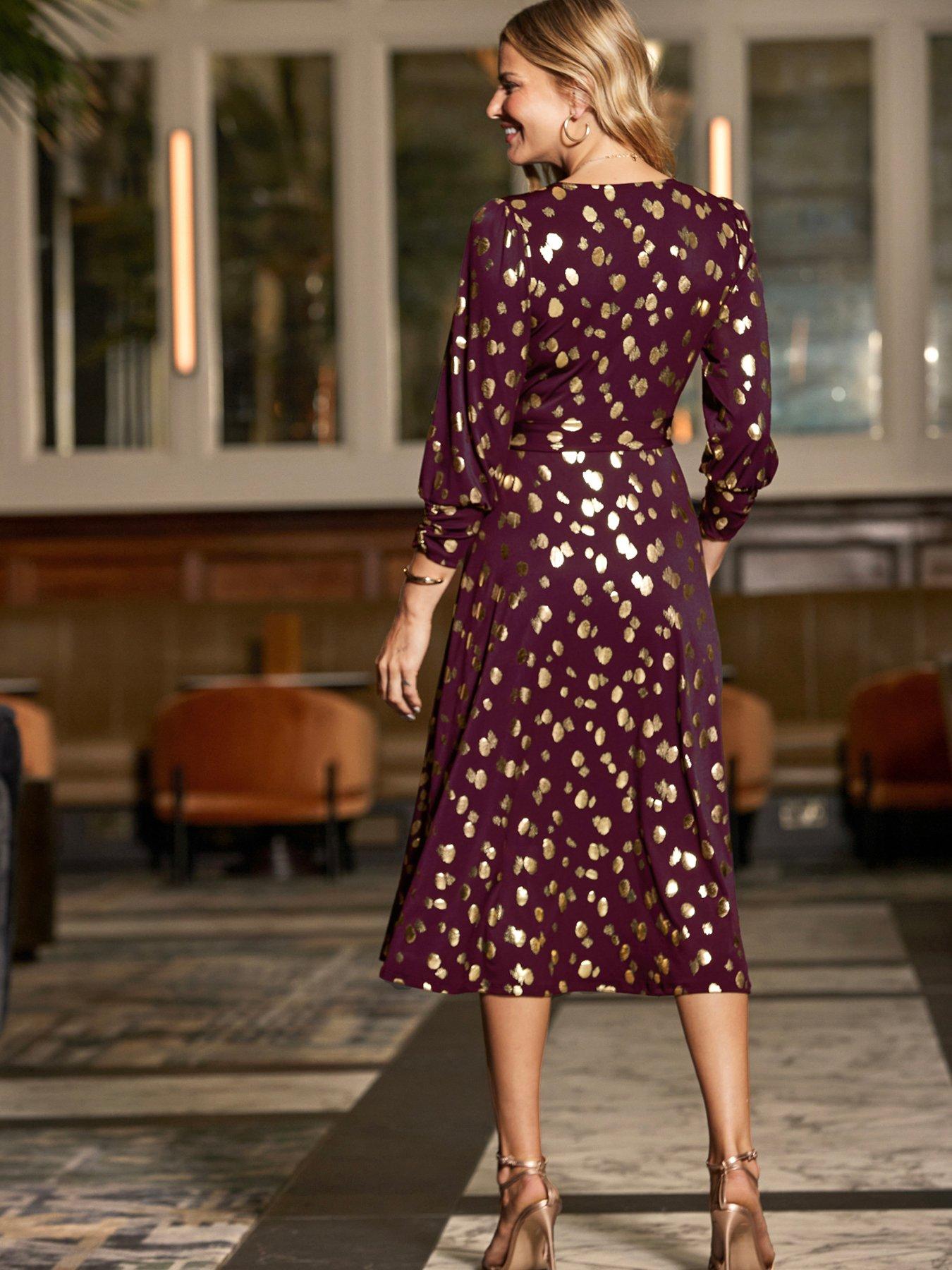 Image 2 of 5 of Sosandar Womens Metallic Spot Wrap Midi Dress - Red