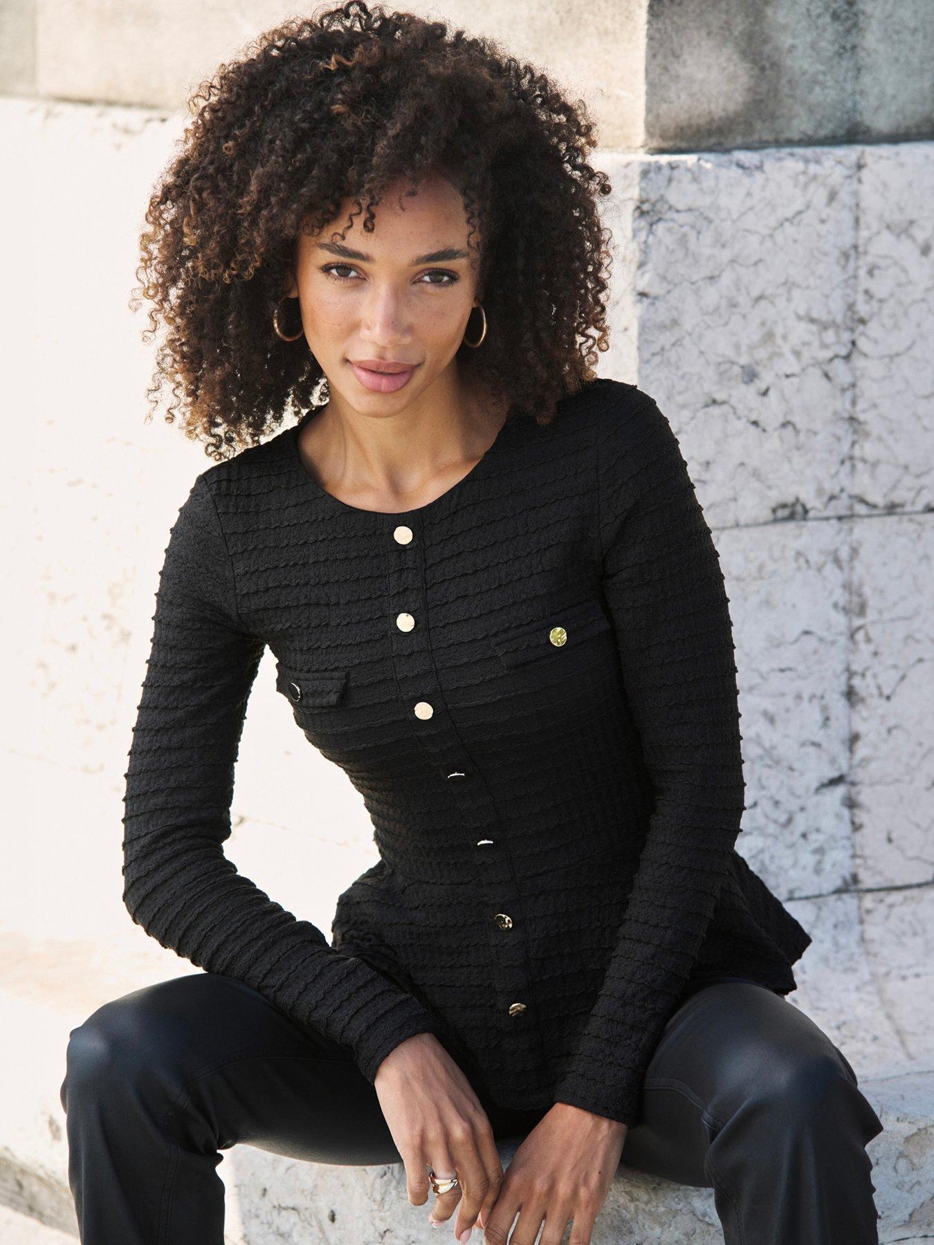 Image 2 of 6 of Sosandar Womens Textured Button Front Peplum Top - Black