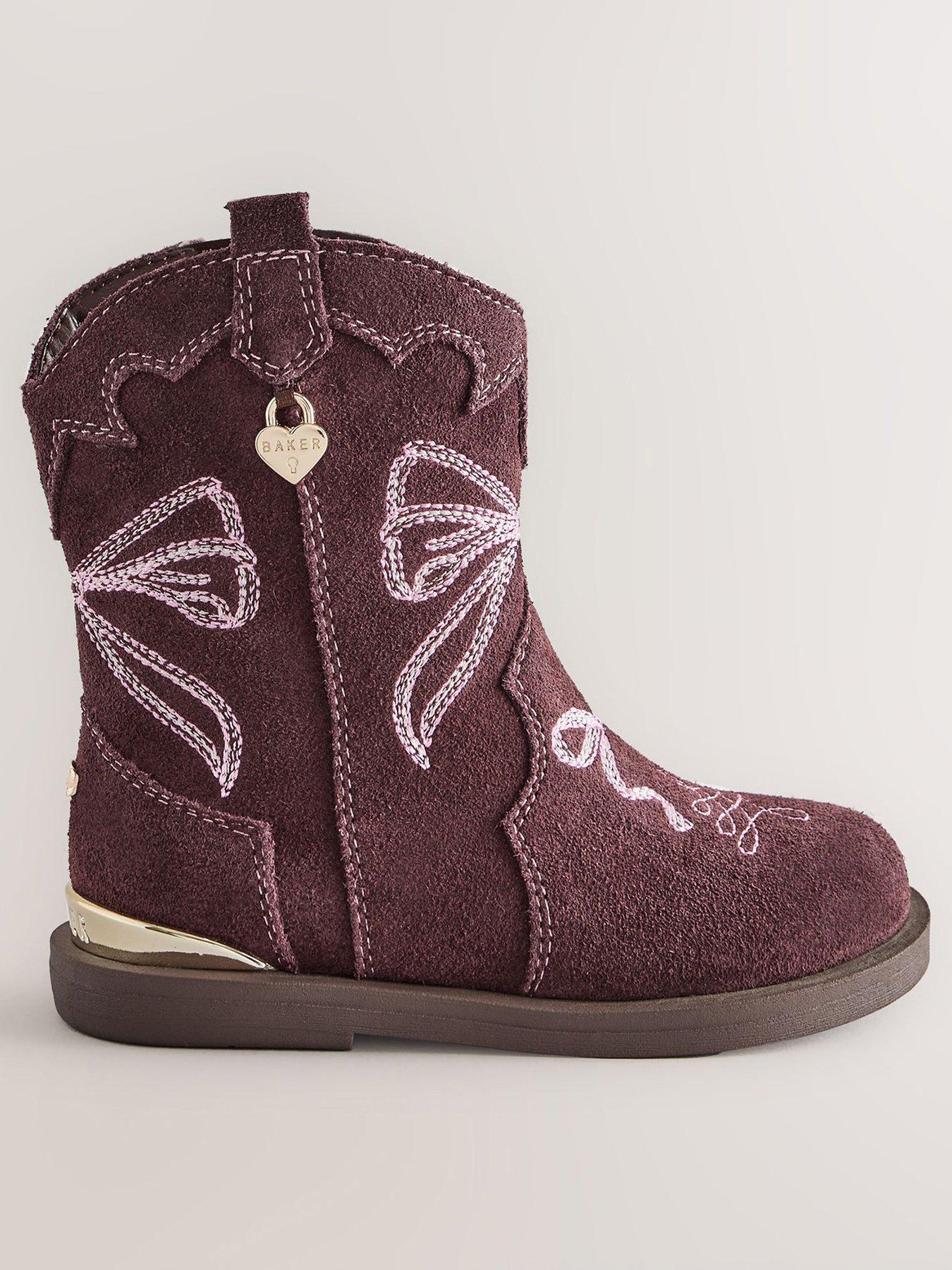 Image 1 of 7 of Baker by Ted Baker Girls Suede-Look Bow Embroidered Western Boots - Burgundy