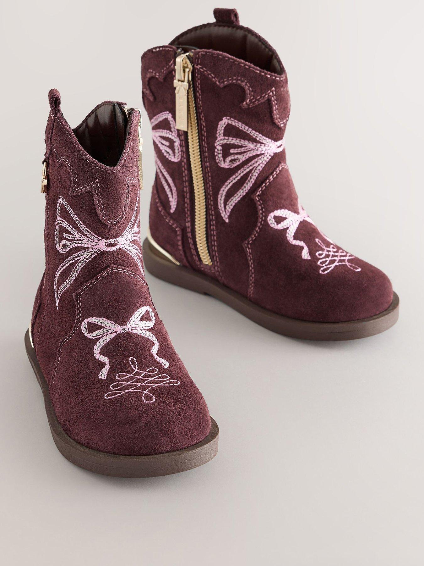 Image 2 of 7 of Baker by Ted Baker Girls Suede-Look Bow Embroidered Western Boots - Burgundy