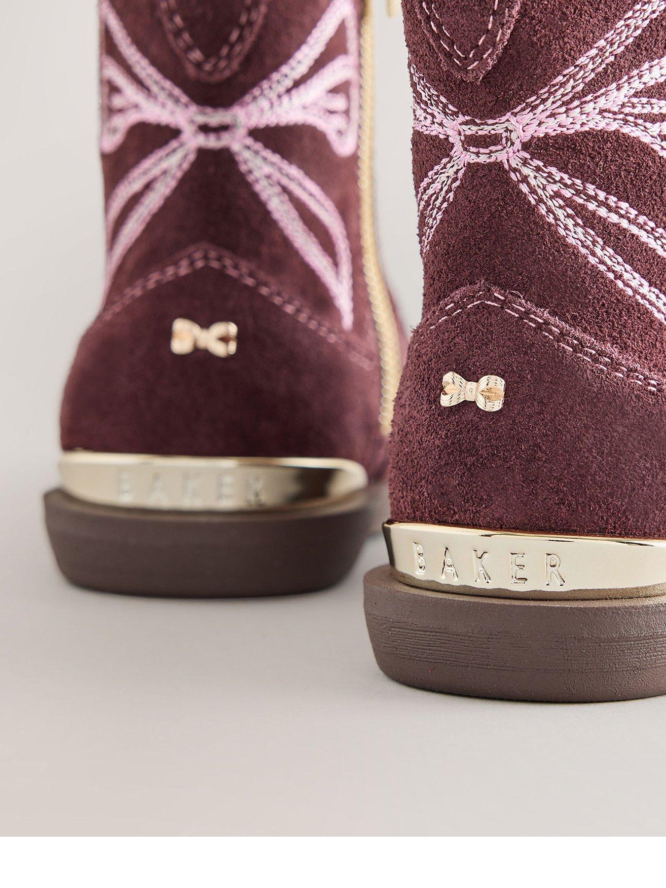 Image 3 of 7 of Baker by Ted Baker Girls Suede-Look Bow Embroidered Western Boots - Burgundy