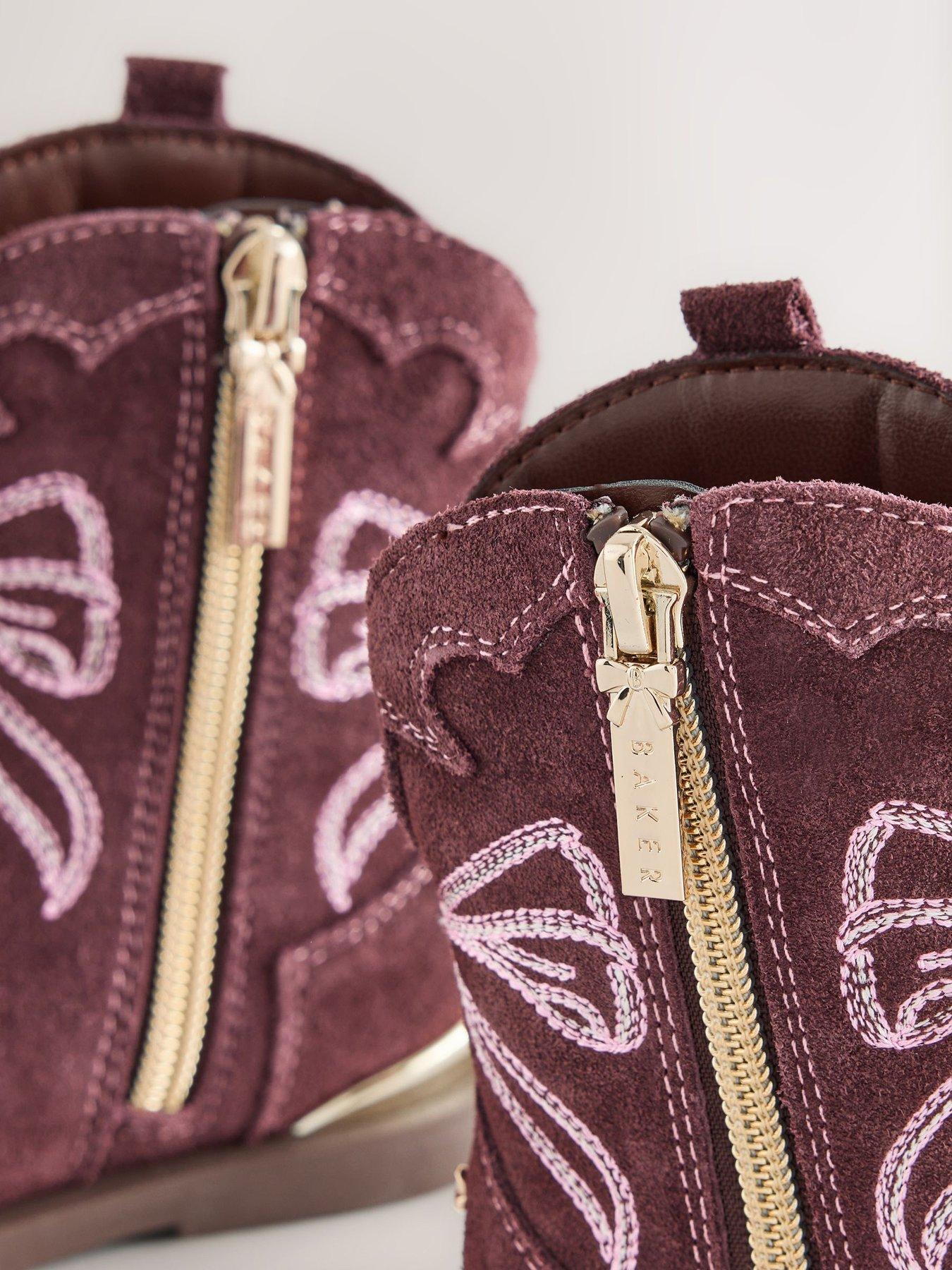 Image 6 of 7 of Baker by Ted Baker Girls Suede-Look Bow Embroidered Western Boots - Burgundy