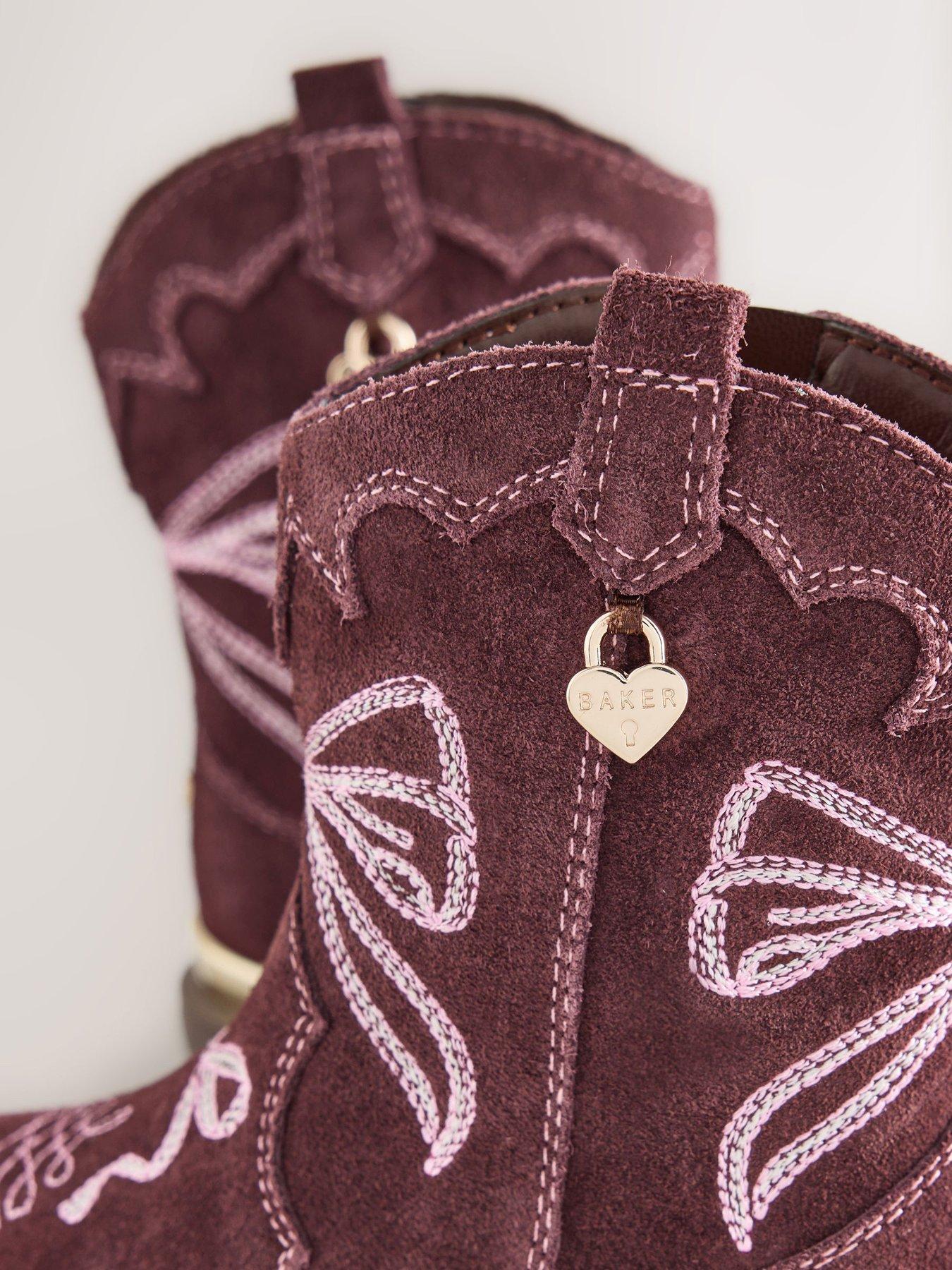 Image 7 of 7 of Baker by Ted Baker Girls Suede-Look Bow Embroidered Western Boots - Burgundy