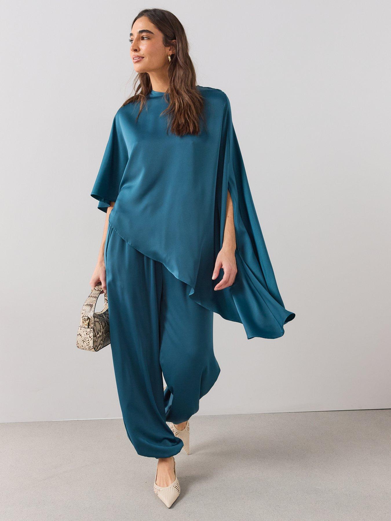 Image 3 of 6 of The Very Collection Womens Satin Drape Cape Sleeve Blouse - Teal