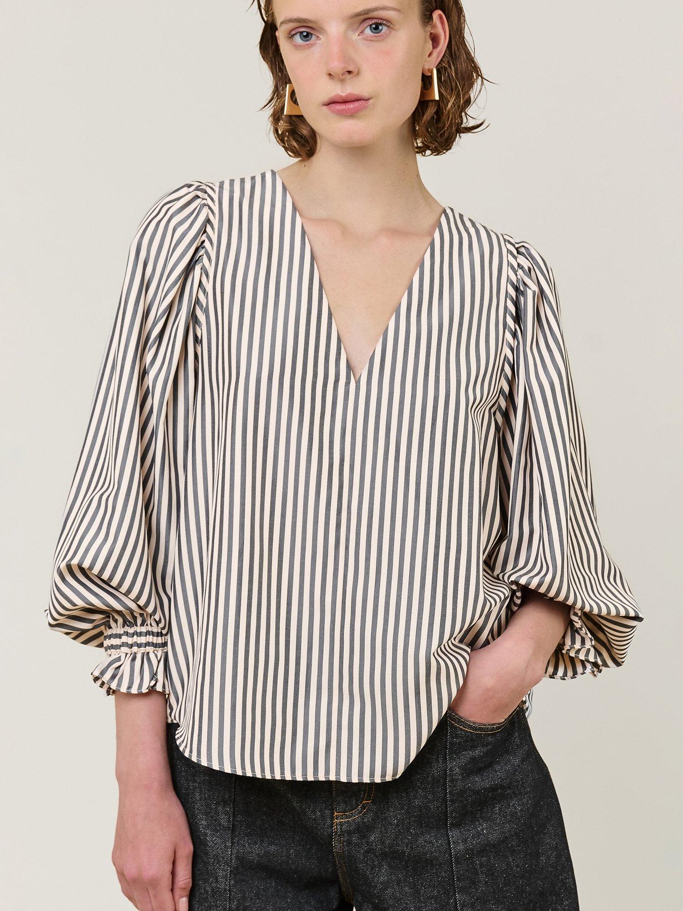 Image 1 of 2 of Vi.ve.re Womens V-Neck Stripe Balloon Sleeve Blouse - Black