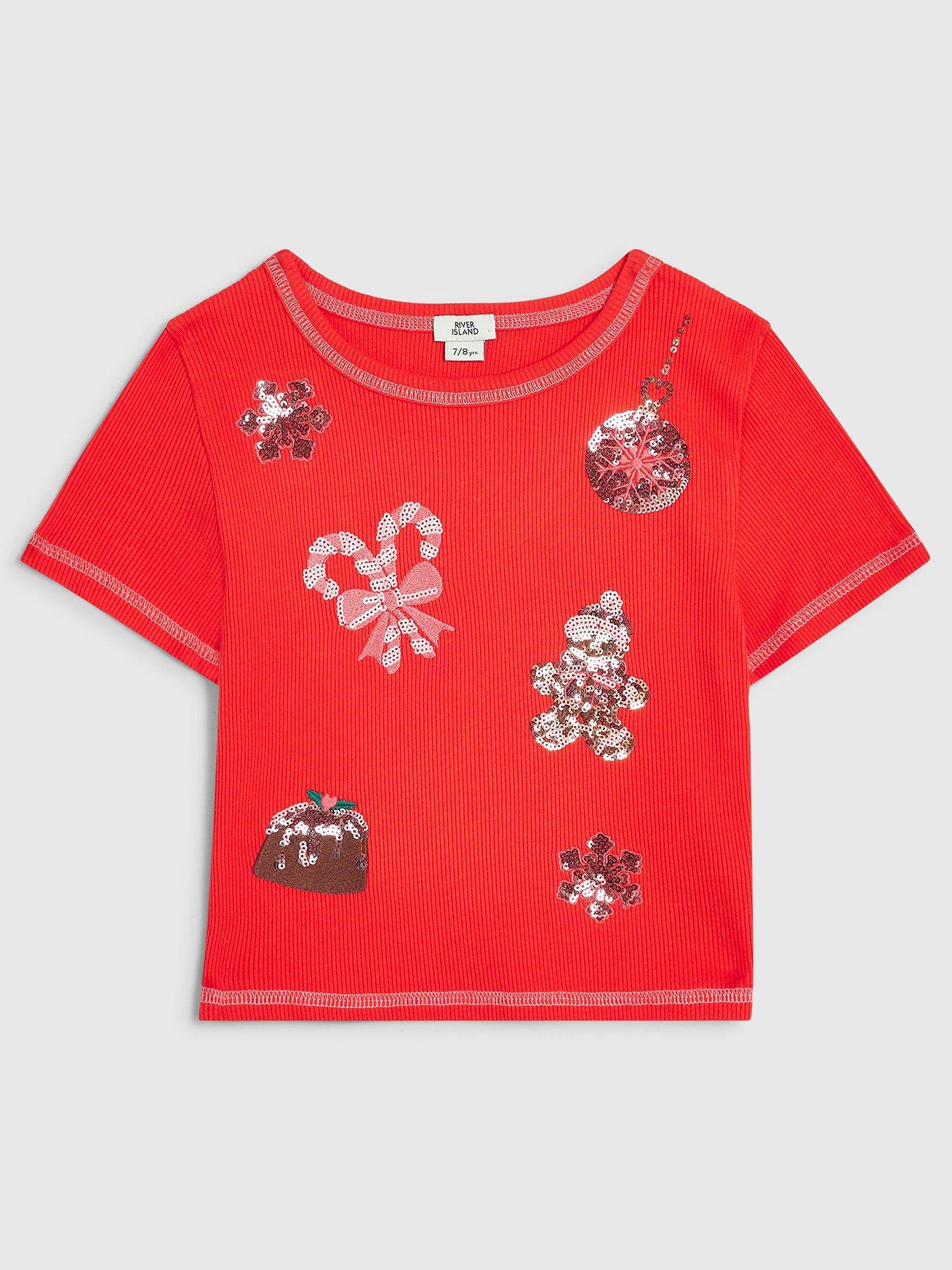 Image 1 of 4 of River Island Girls Christmas Sequin Ribbed T-Shirt - Red