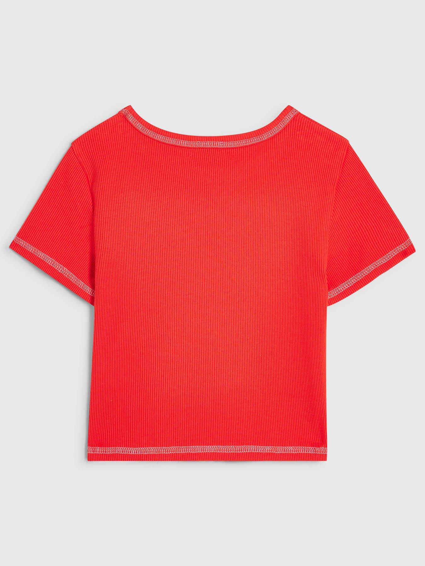 Image 2 of 4 of River Island Girls Christmas Sequin Ribbed T-Shirt - Red