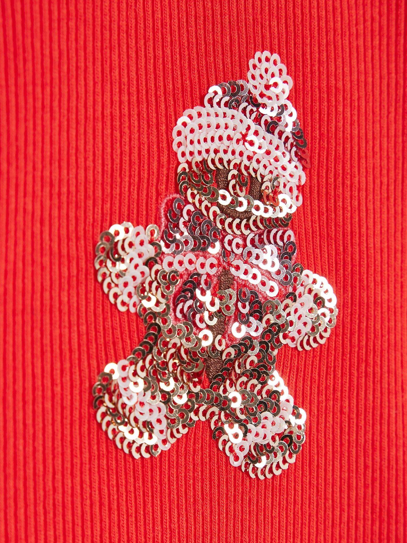 Image 3 of 4 of River Island Girls Christmas Sequin Ribbed T-Shirt - Red