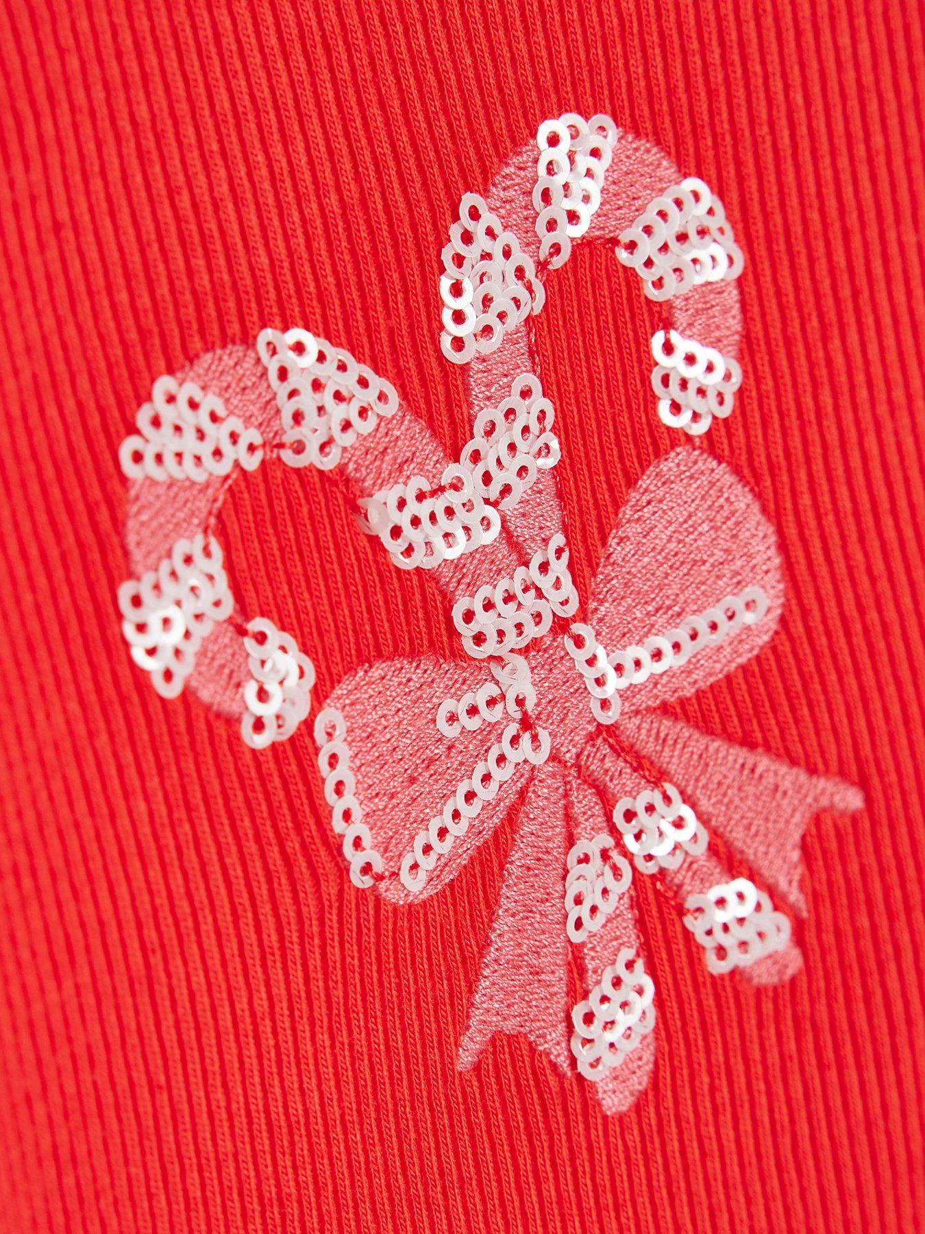 Image 4 of 4 of River Island Girls Christmas Sequin Ribbed T-Shirt - Red