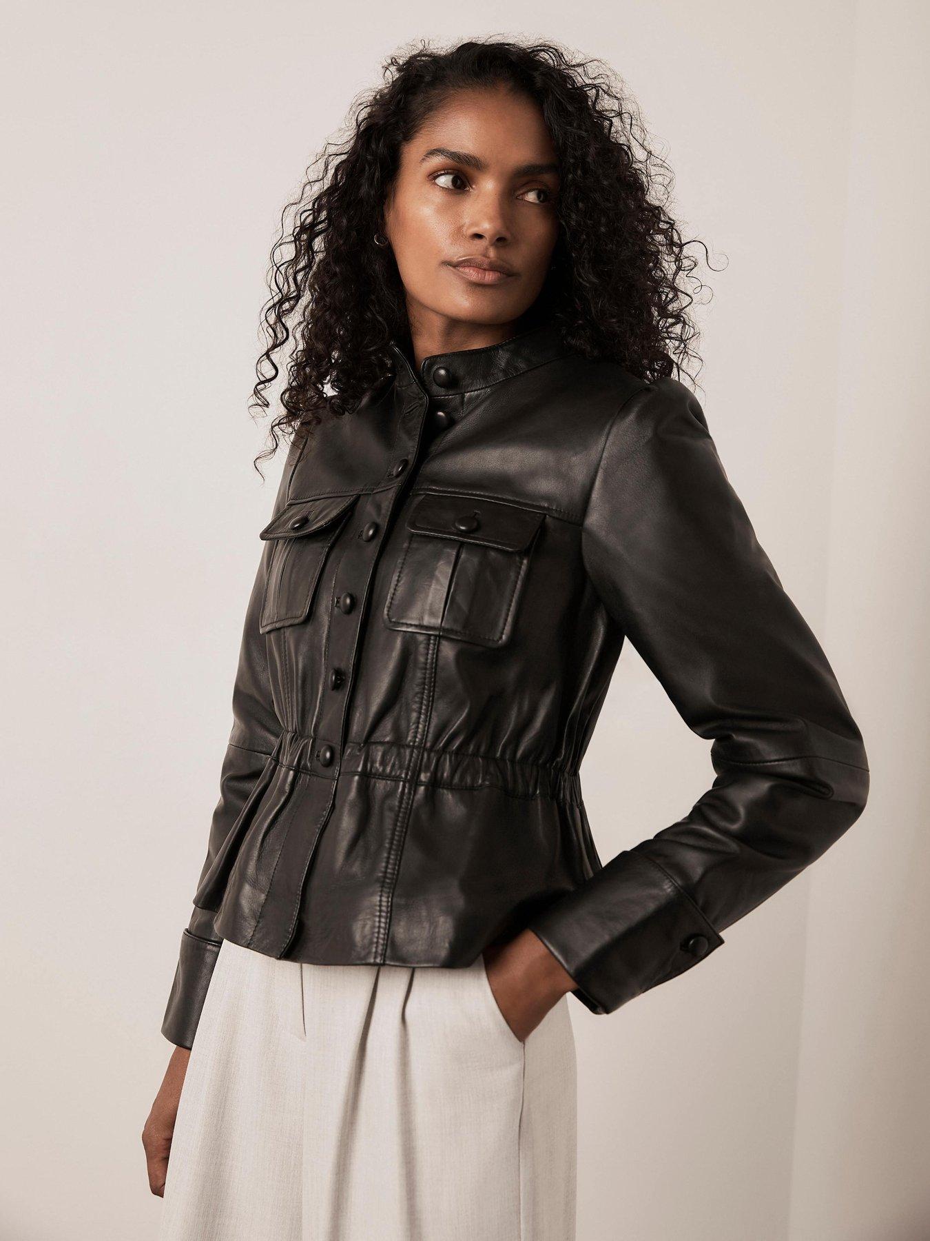 Image 1 of 6 of Mint Velvet Leather Peplum Jacket - Black