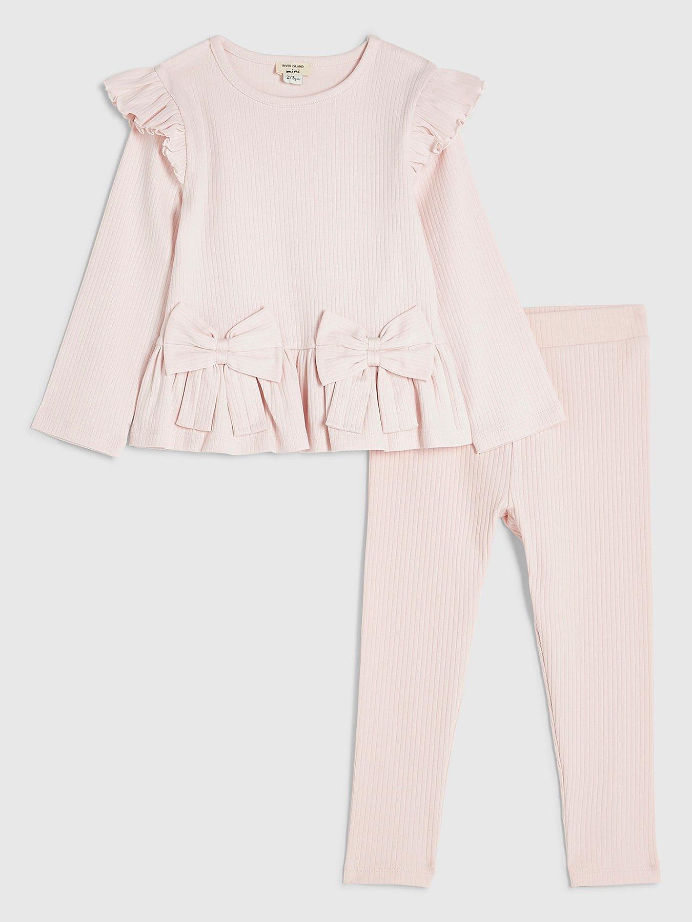 Image 1 of 5 of River Island Mini Mini Girls Bow Rib Legging Set - Pink