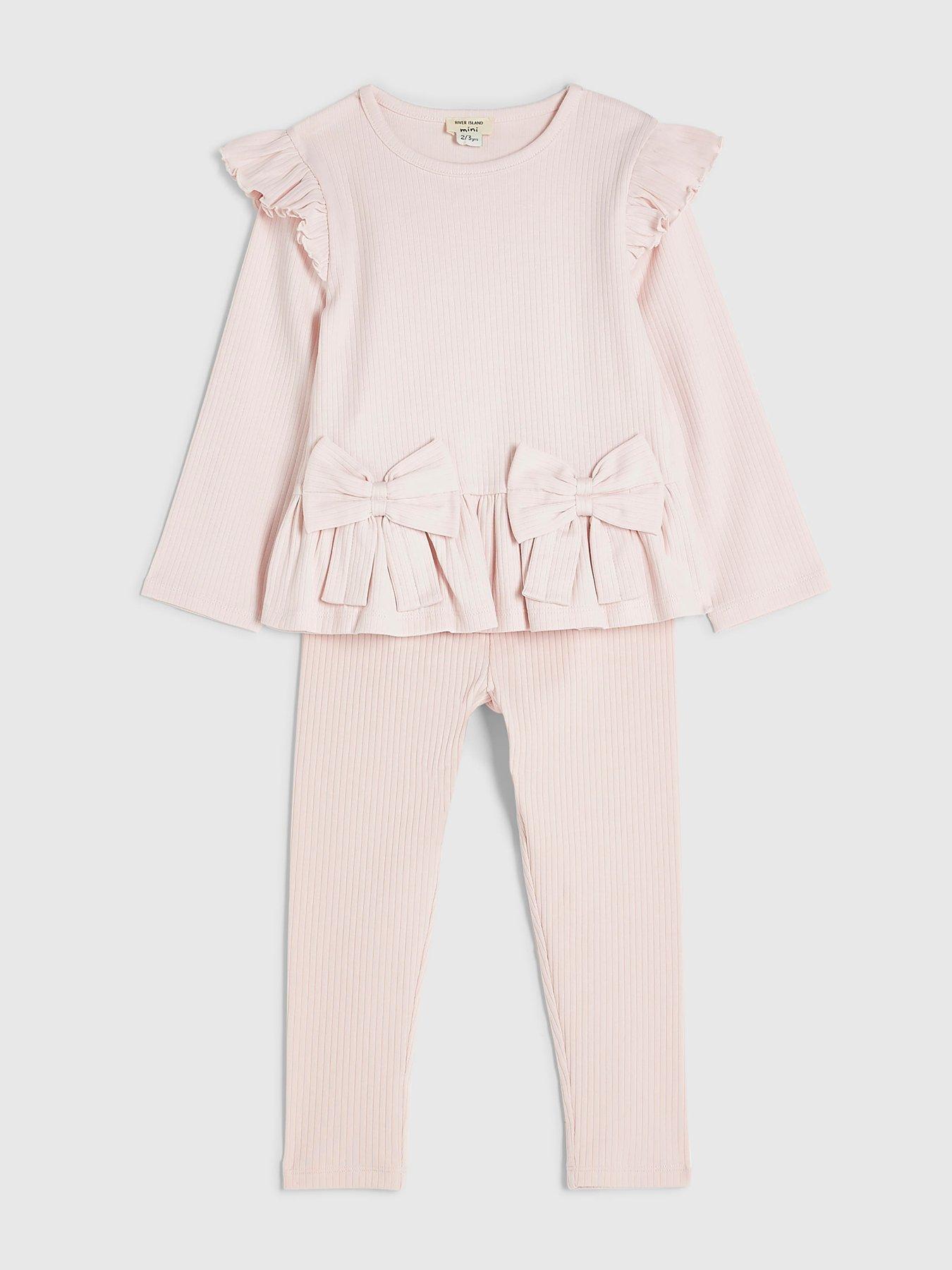 Image 3 of 5 of River Island Mini Mini Girls Bow Rib Legging Set - Pink