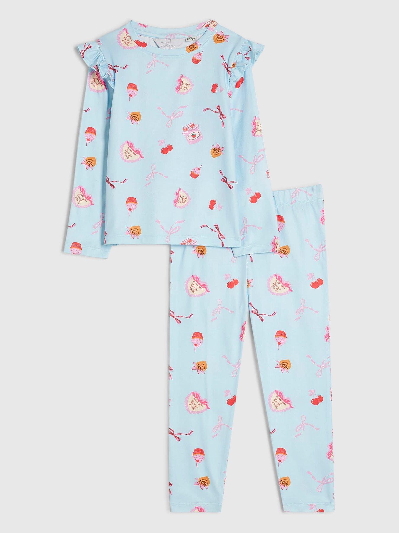 Image 1 of 5 of River Island Mini Girls Bakery Print Stretch Pyjamas Set - Blue