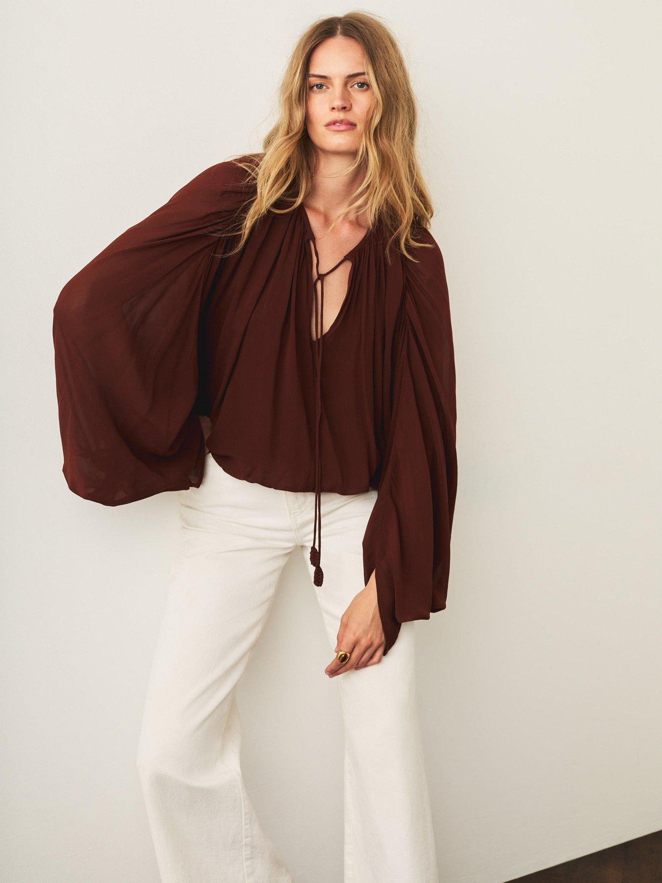 Image 3 of 6 of Mint Velvet Balloon Hem Blouse - Brown