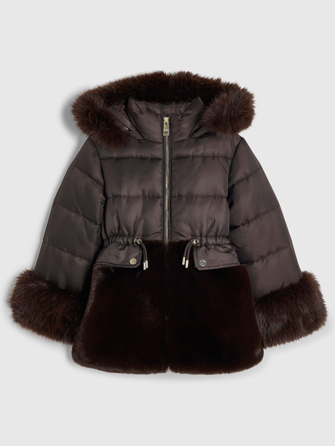 Image 1 of 4 of River Island Girls Hybrid Faux Fur Cinch Padded Coat - Brown