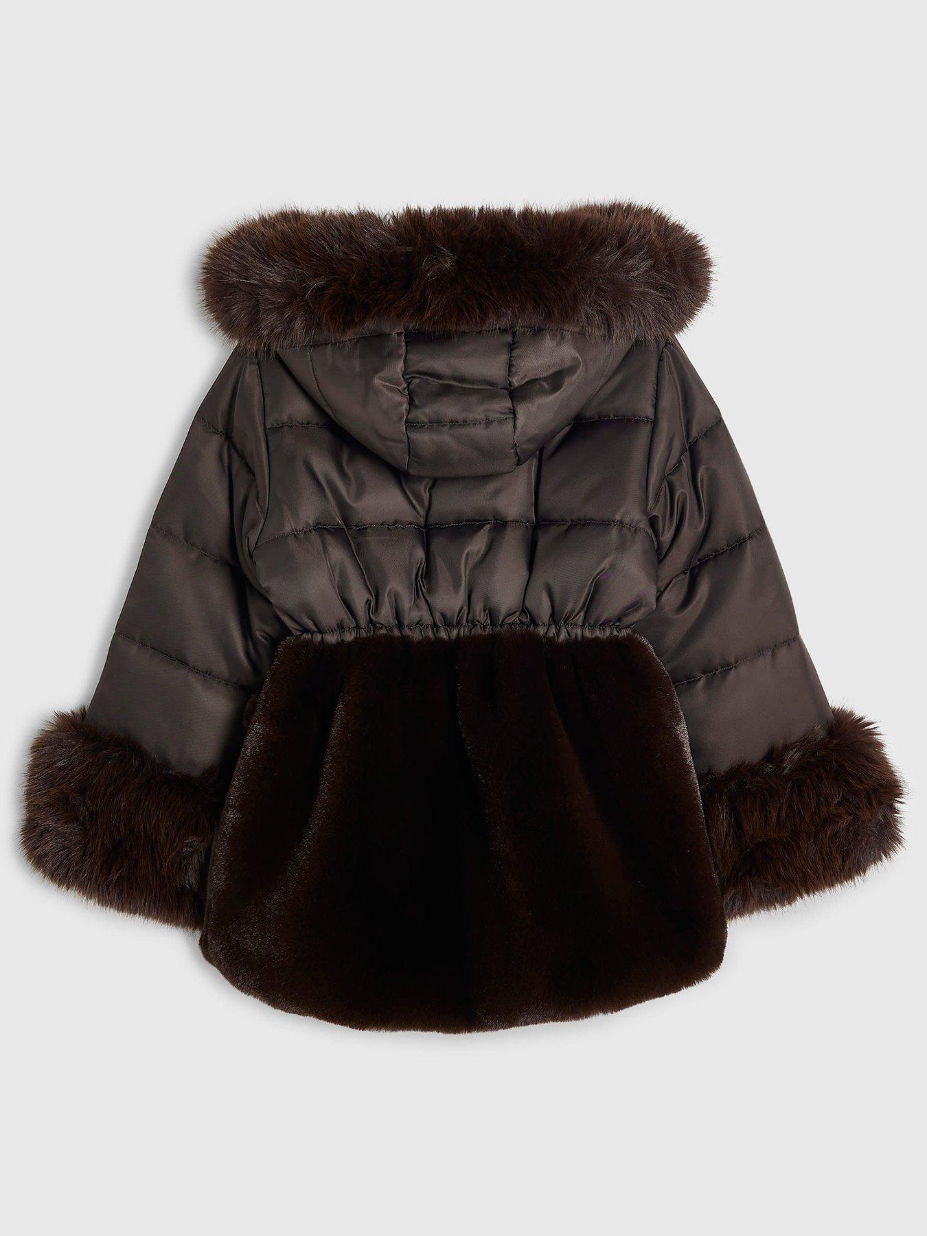 Image 2 of 4 of River Island Girls Hybrid Faux Fur Cinch Padded Coat - Brown