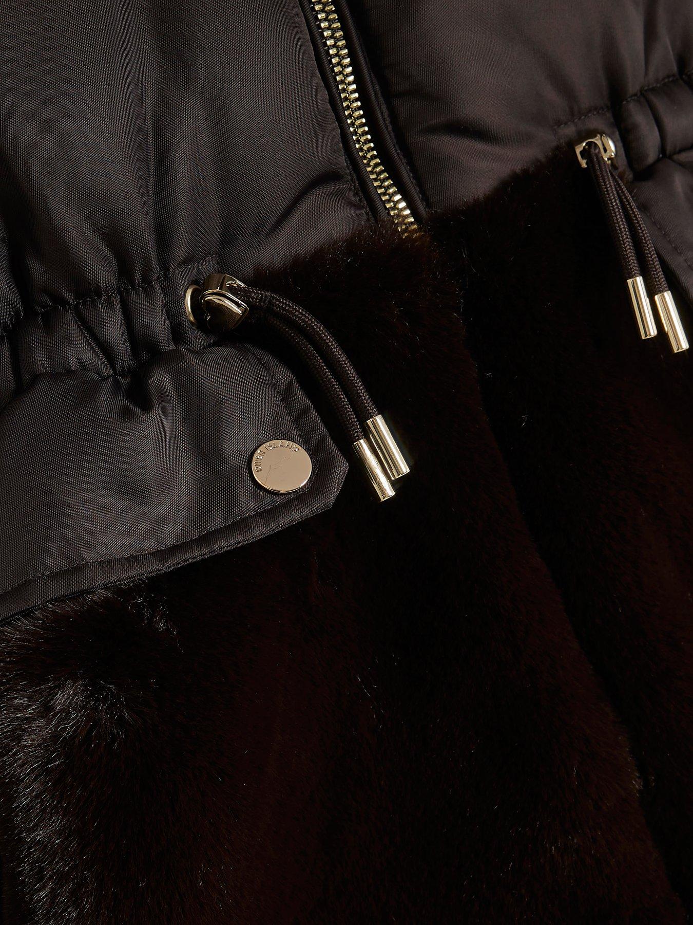 Image 3 of 4 of River Island Girls Hybrid Faux Fur Cinch Padded Coat - Brown