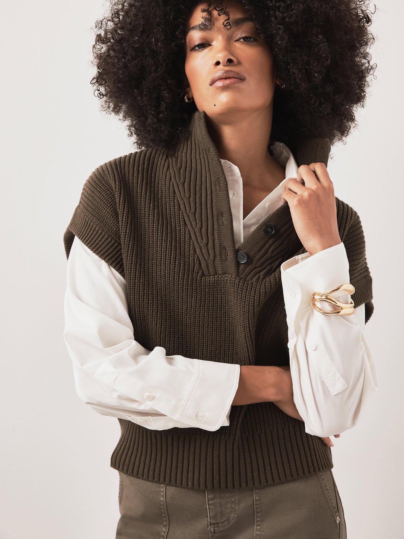 Image 1 of 6 of Mint Velvet Khaki Funnel Neck Ribbed Knit Top - Green