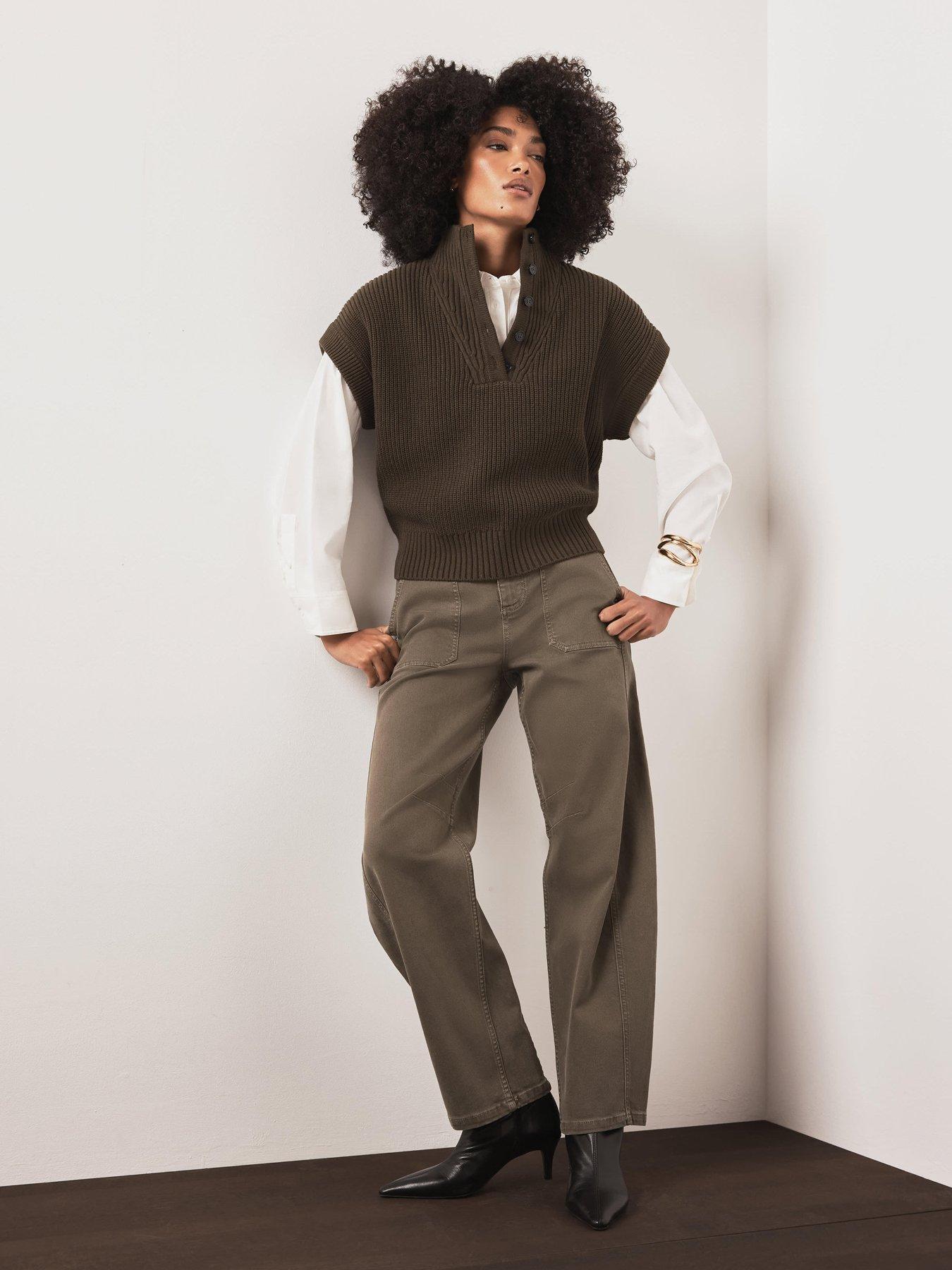 Image 4 of 6 of Mint Velvet Khaki Funnel Neck Ribbed Knit Top - Green