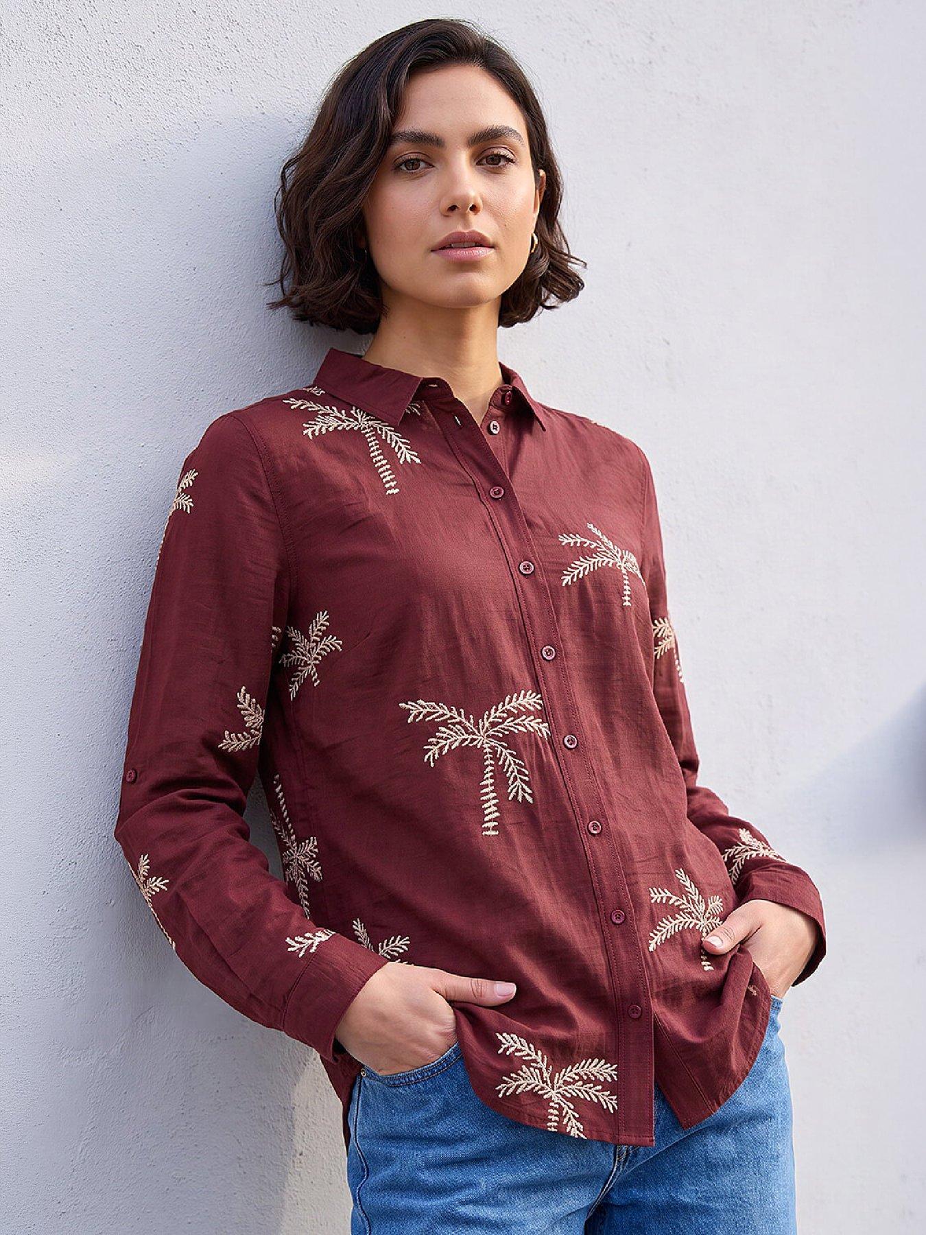 Roman Women's Wine Embroidered Palm Print Shirt In | : Size 16 - Image 6
