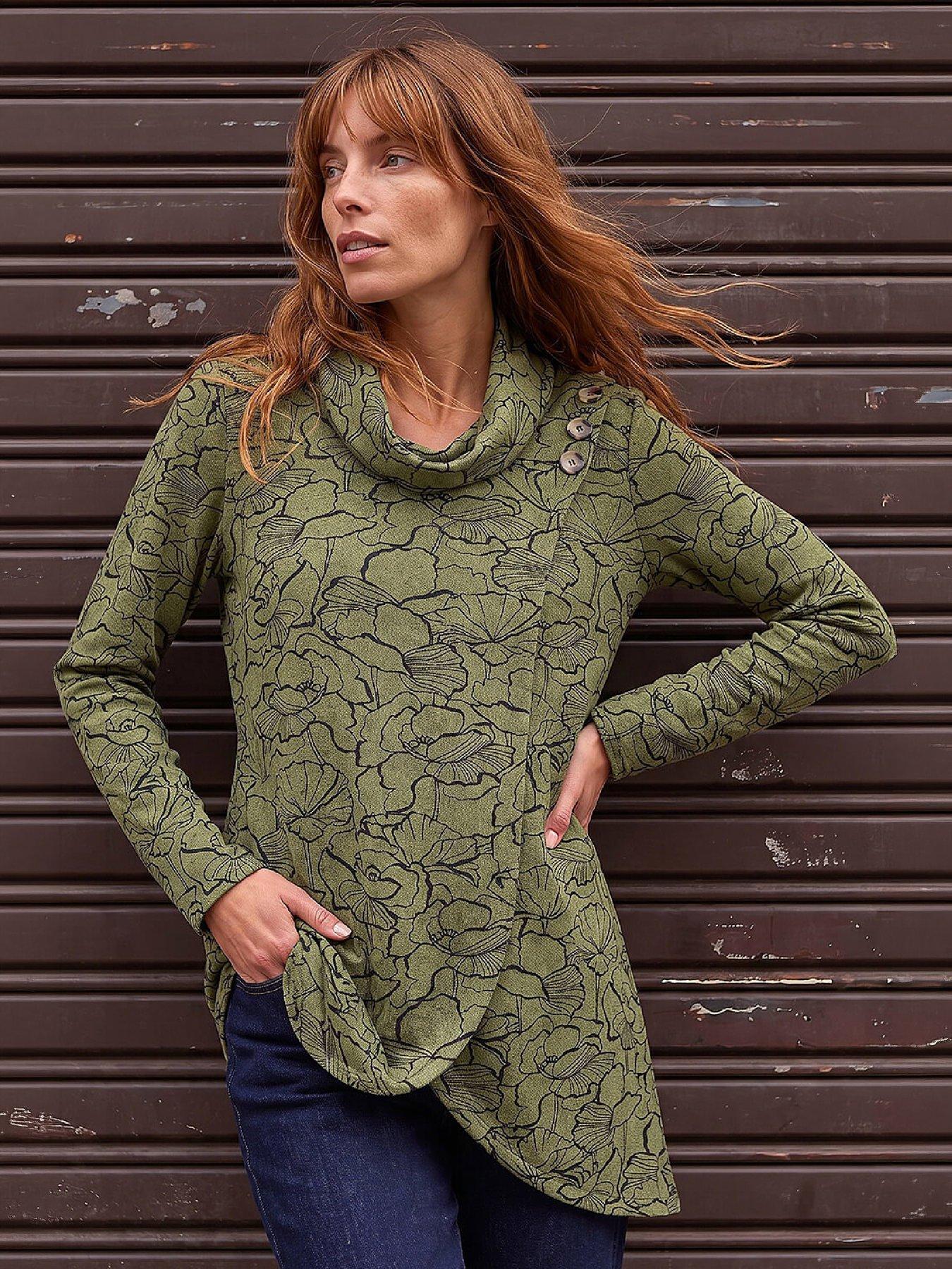 Roman Women's Khaki Floral Print Cowl Neck Top Size 10 - Image 3