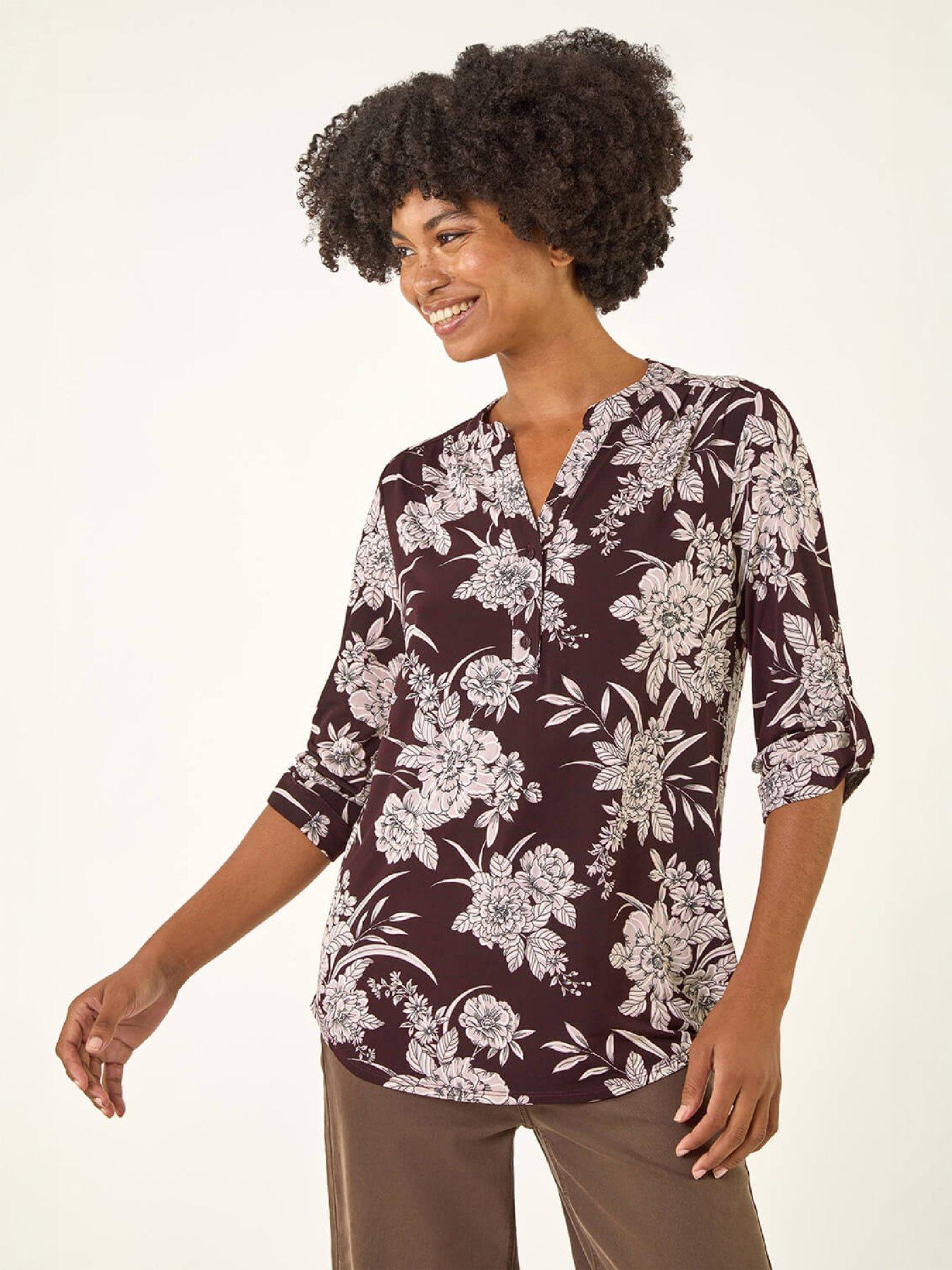 Roman Women's Burgundy Floral Puff Print Stretch Shirt In | Size: 10 - Image 2