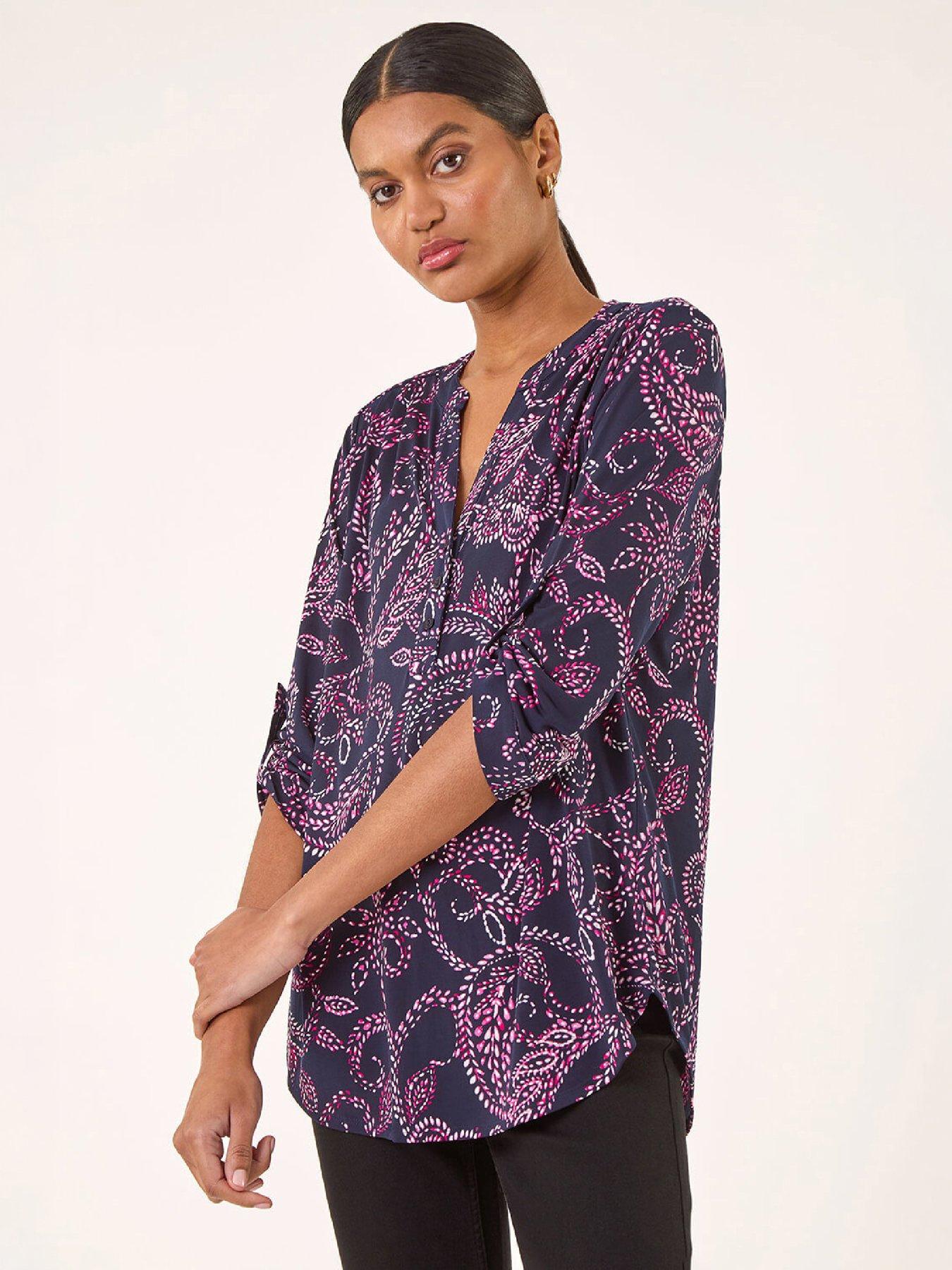 Image 2 of 4 of Roman Womens Leaf Puff Print V-Neck 3/4 Sleeve Shirt - Navy
