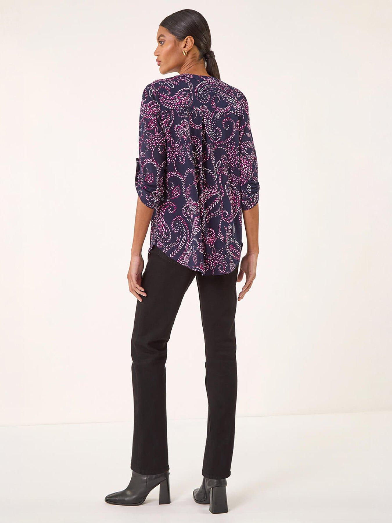 Image 3 of 4 of Roman Womens Leaf Puff Print V-Neck 3/4 Sleeve Shirt - Navy