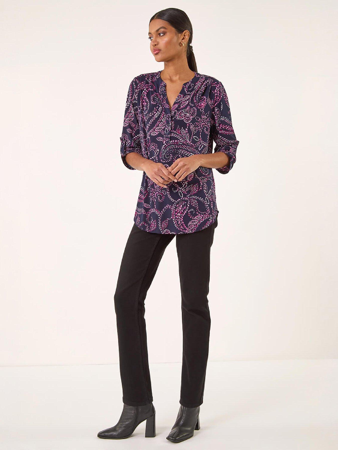 Image 4 of 4 of Roman Womens Leaf Puff Print V-Neck 3/4 Sleeve Shirt - Navy