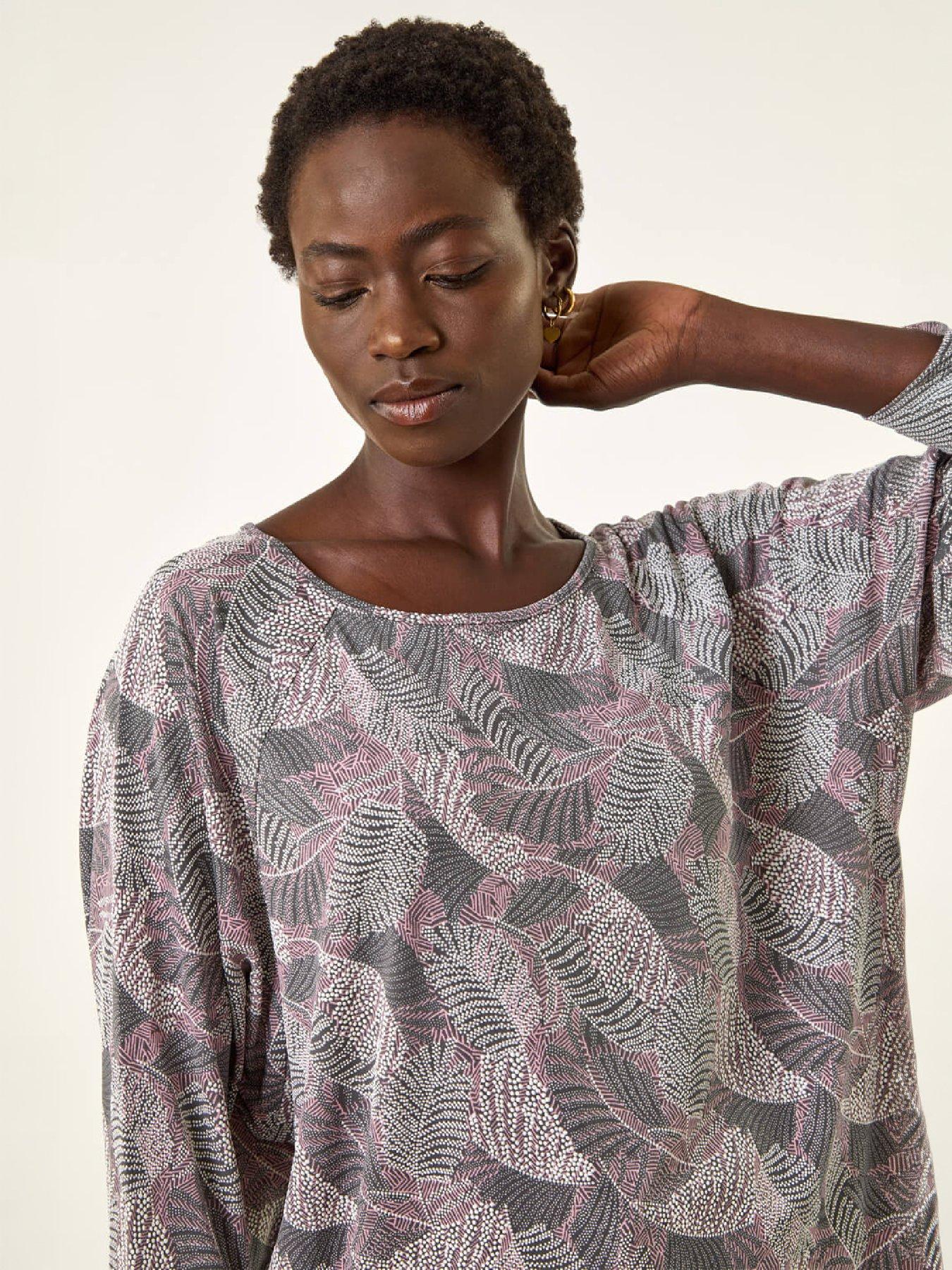Roman Women's Grey Leaf Puff Print Stretch Top In | Size: 10 - Image 2