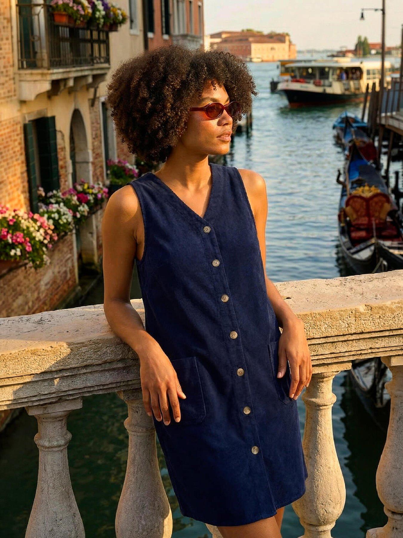 Image 1 of 4 of Roman Womens V-Neck Button Through Pocket Dress - Navy