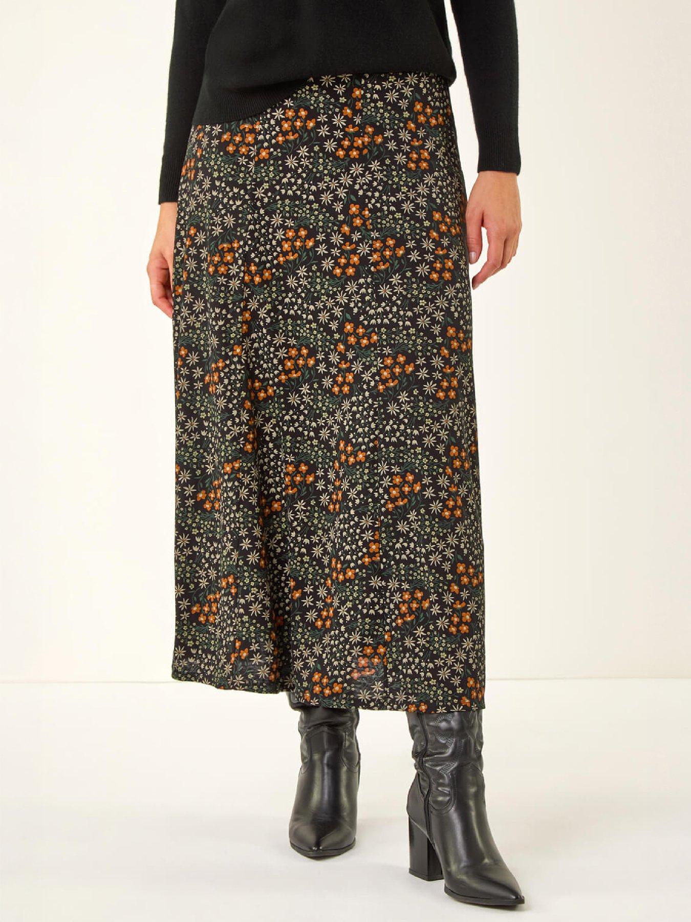 Image 1 of 4 of Roman Womens Ditsy Floral Print Stretch Midi Skirt - Orange