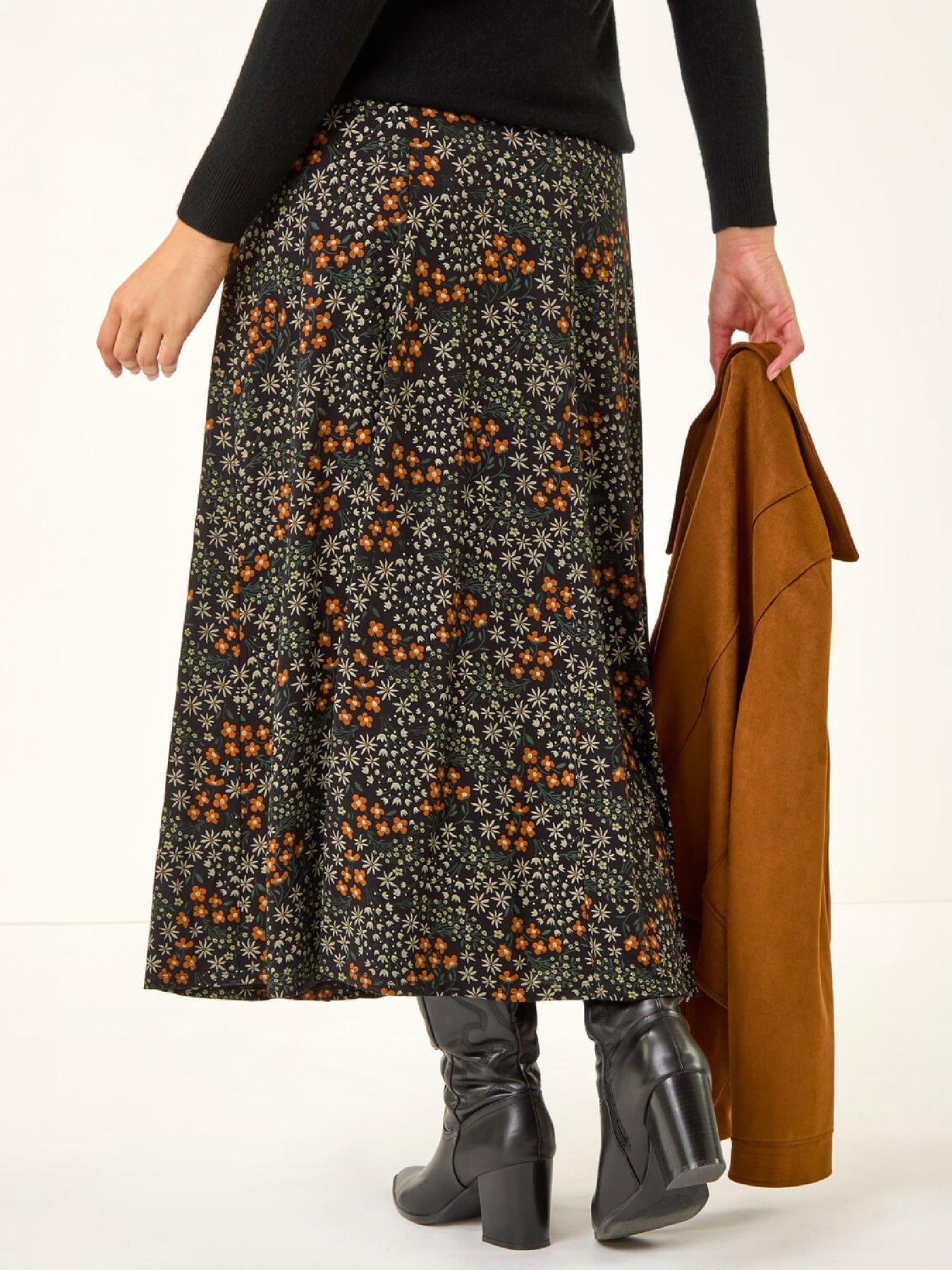 Image 2 of 4 of Roman Womens Ditsy Floral Print Stretch Midi Skirt - Orange