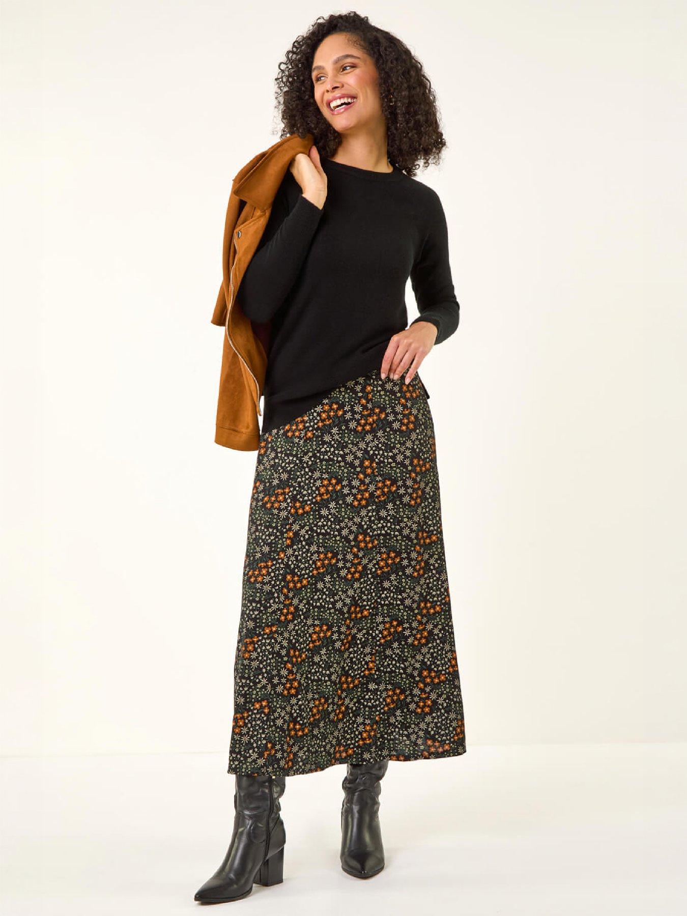 Image 3 of 4 of Roman Womens Ditsy Floral Print Stretch Midi Skirt - Orange
