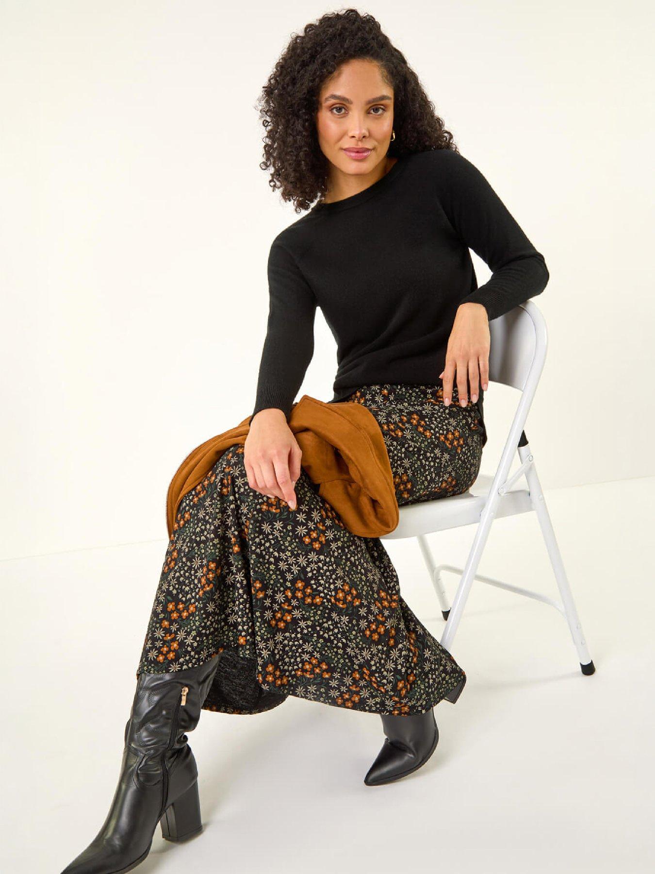Image 4 of 4 of Roman Womens Ditsy Floral Print Stretch Midi Skirt - Orange