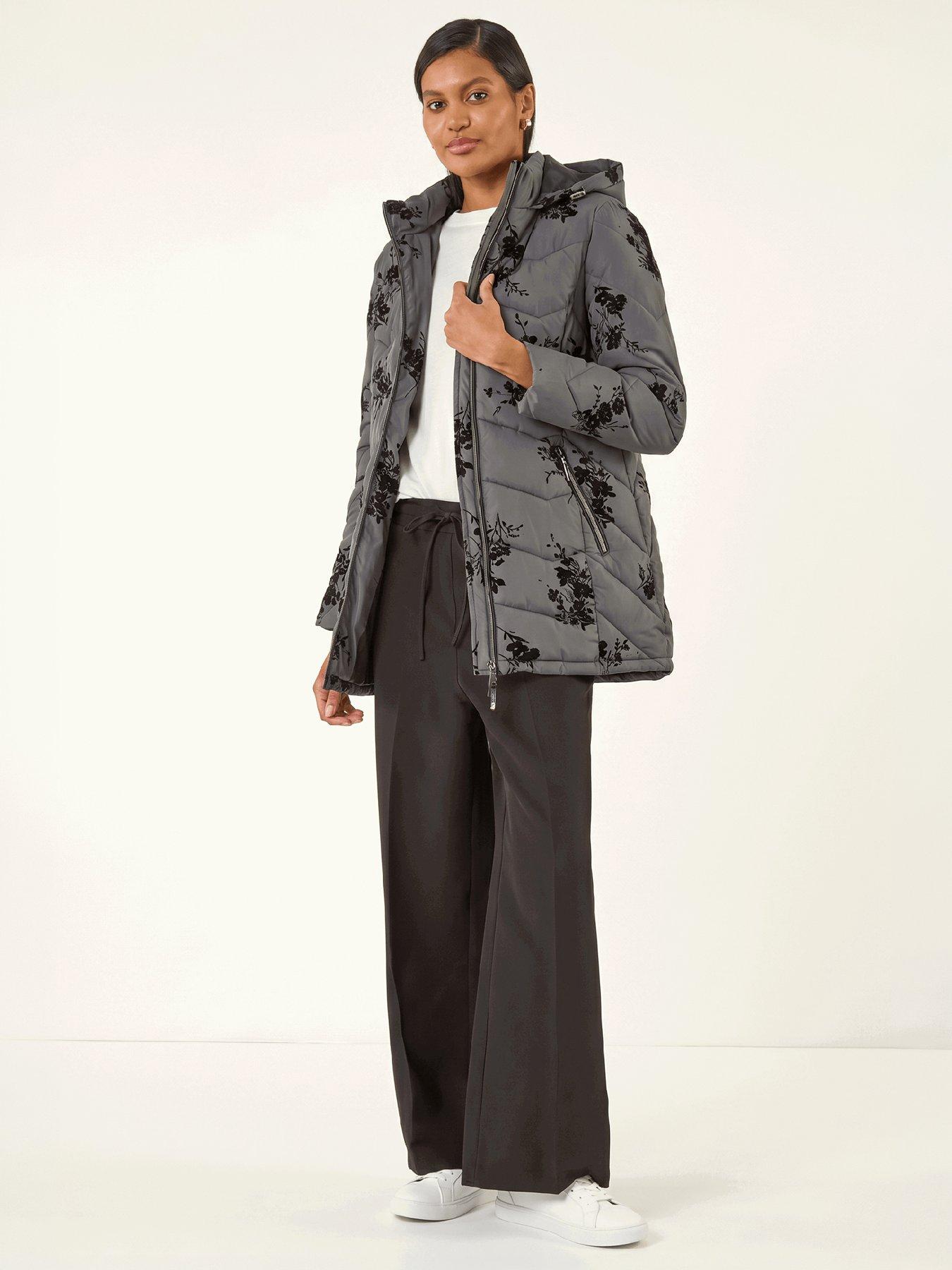 Roman Women's Floral Flock Padded Coat in Grey | Size: 18 - Image 2